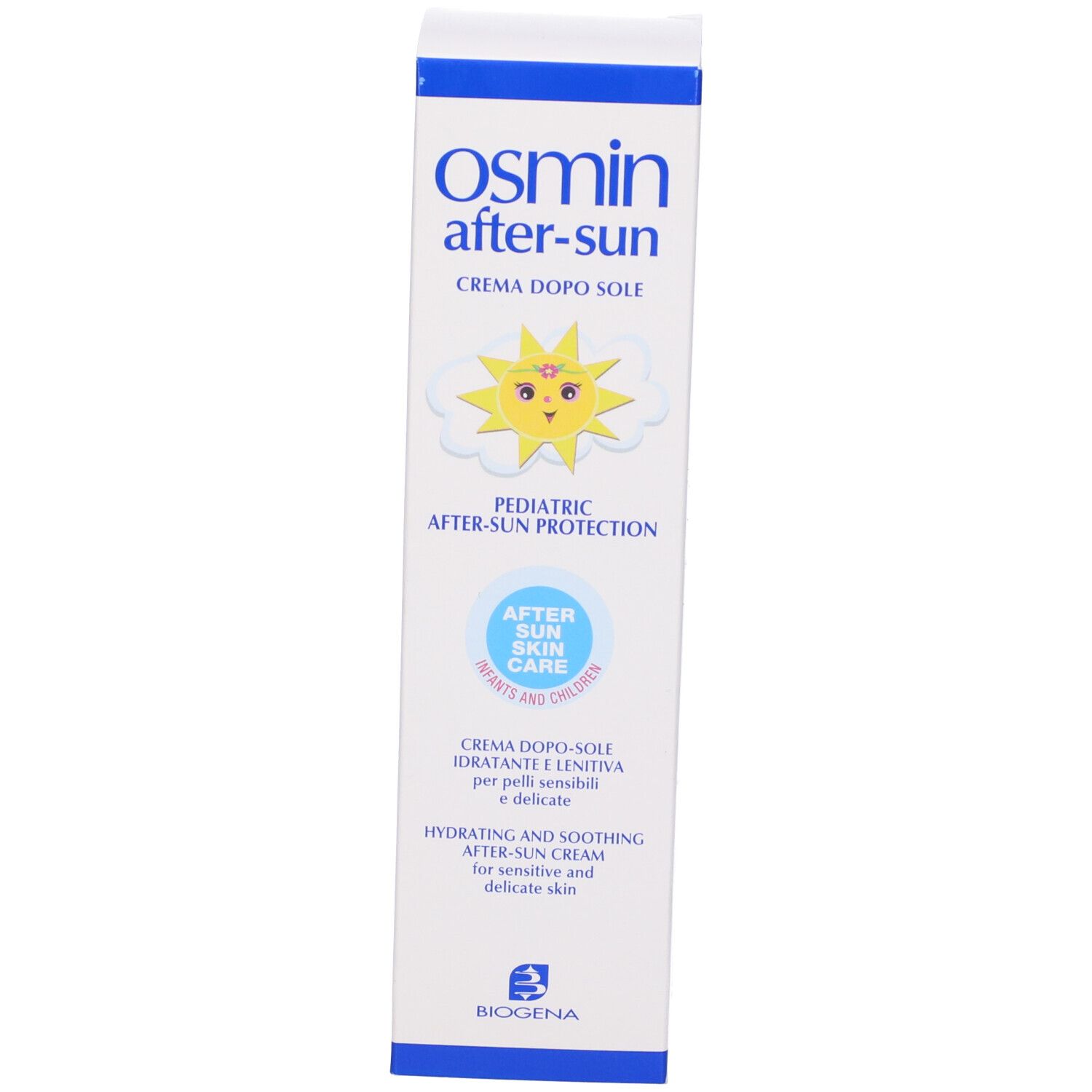 Confezione della crema doposole Osmin. Fronte con nome, sole e testo. Per bambini.
