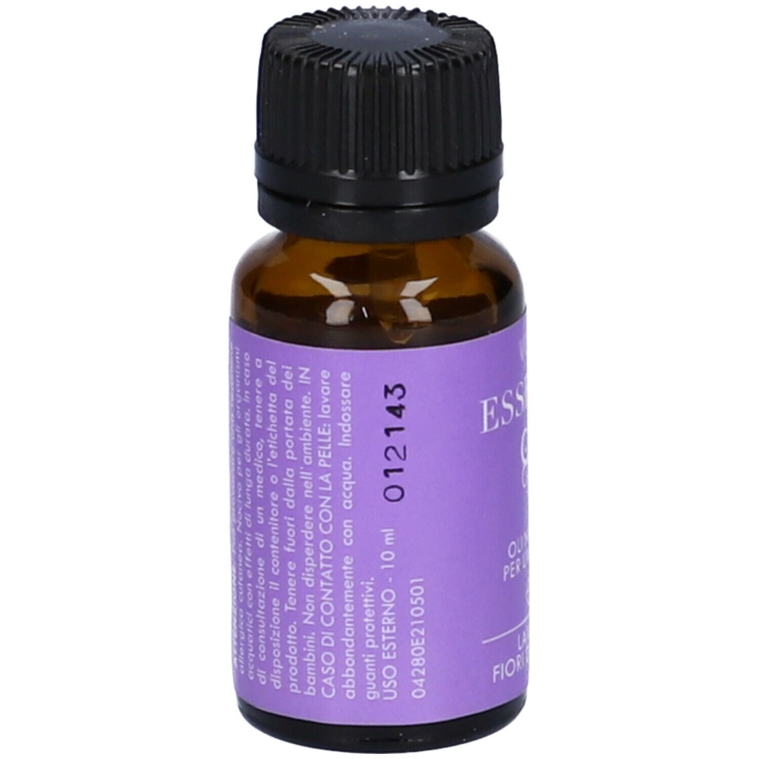 Flacone di vetro marrone con tappo nero. Etichetta viola con testo e "10 ml".