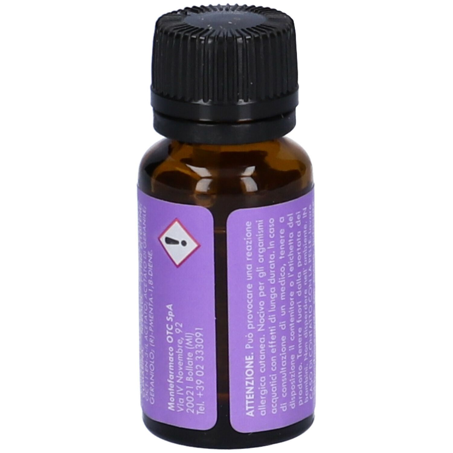 Flacone di vetro marrone con tappo nero. Etichetta viola con testo e simbolo di avvertimento.