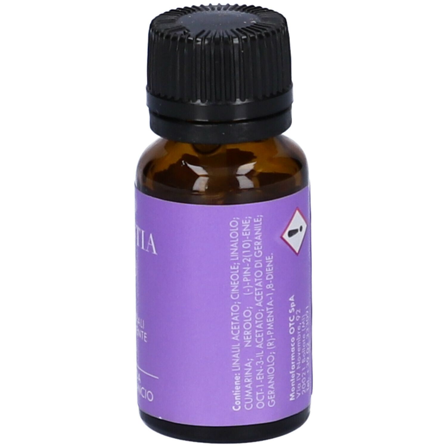 Flacone di vetro marrone con tappo nero. Etichetta viola con ingredienti e simbolo di avvertimento.