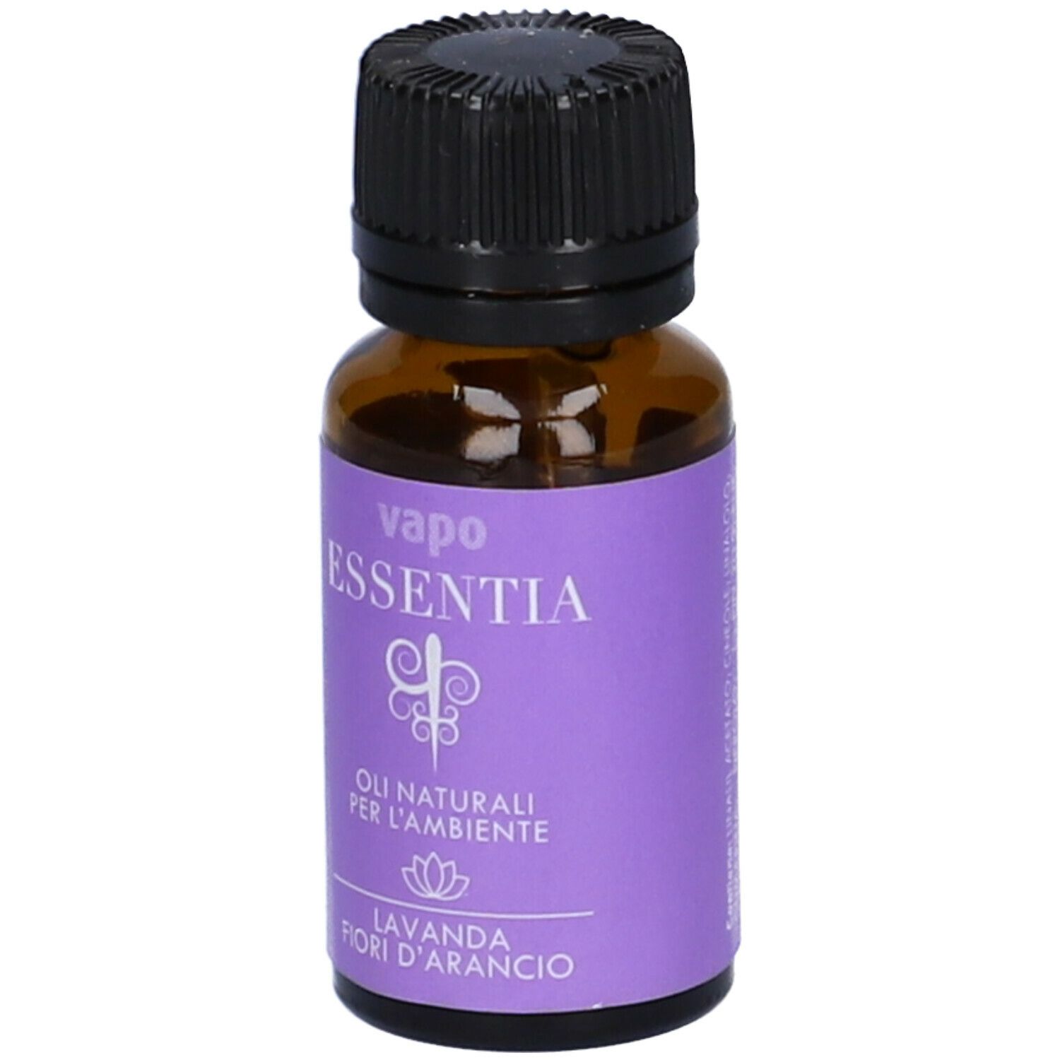 Flacone di vetro marrone con tappo nero. Etichetta viola con "vapo essentia" e "Lavanda fiori d'arancio".
