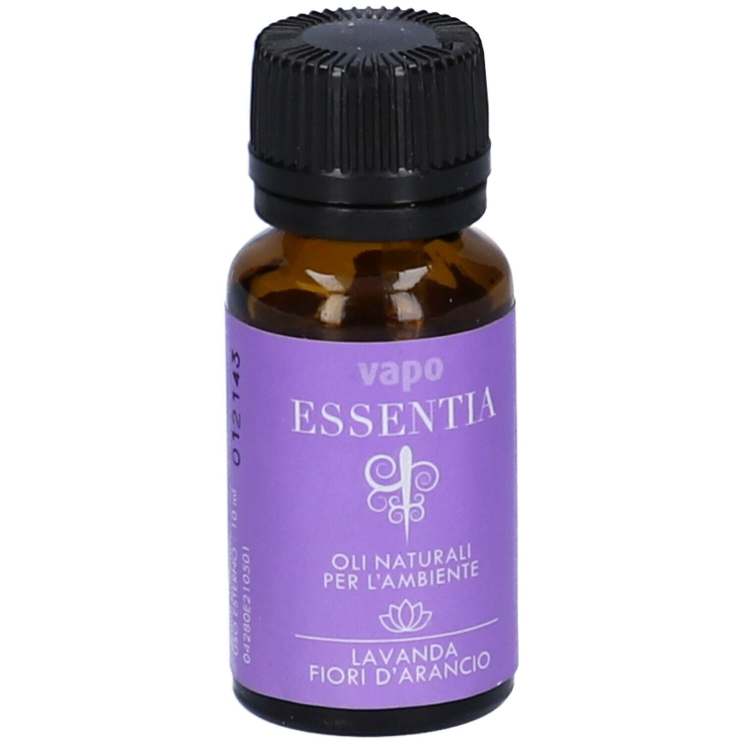 Flacone di vetro marrone con tappo nero. Etichetta viola con "vapo essentia" e "Lavanda fiori d'arancio".