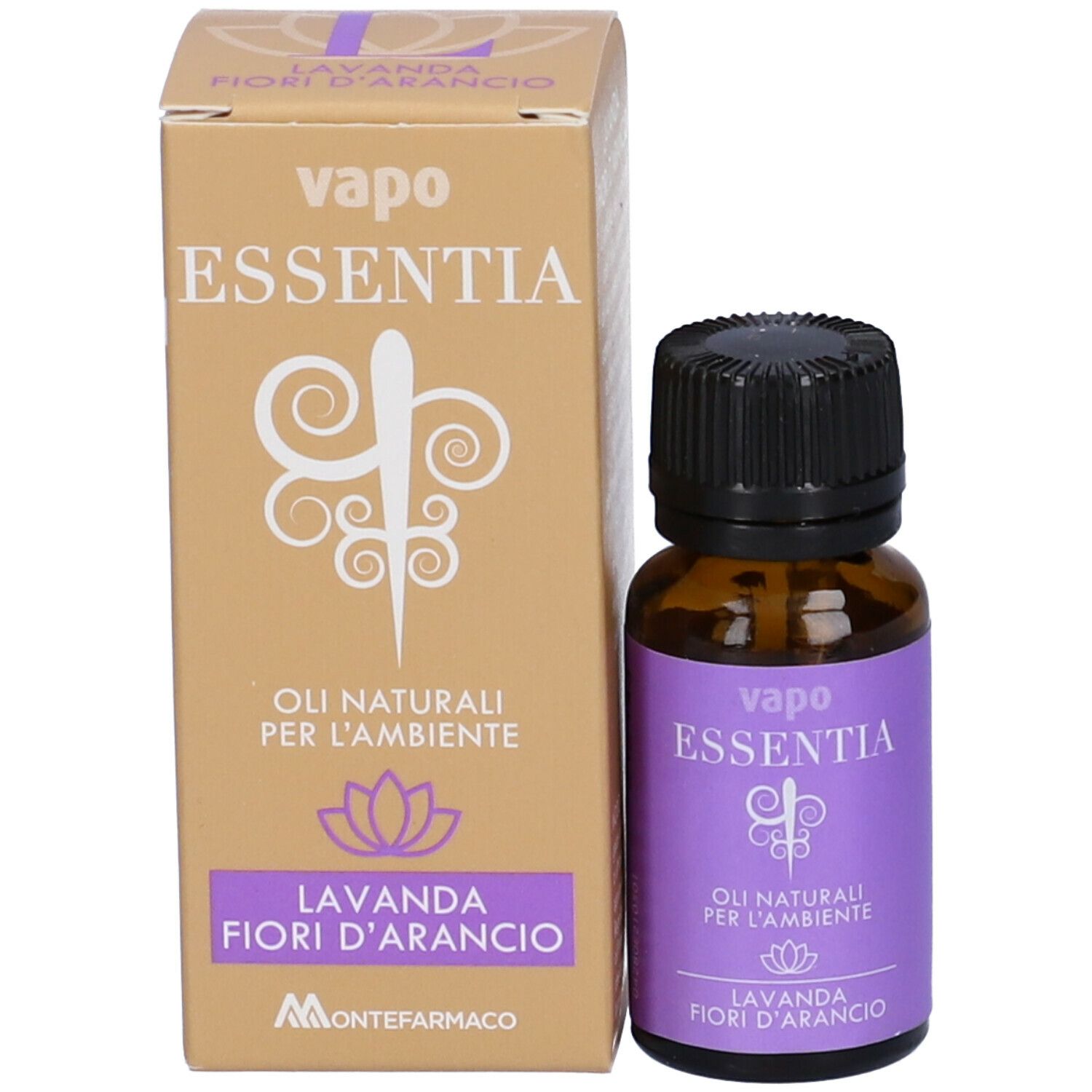 Flacone di vetro marrone con tappo nero e scatola. Scatola con "vapo essentia" e "Lavanda fiori d'arancio".