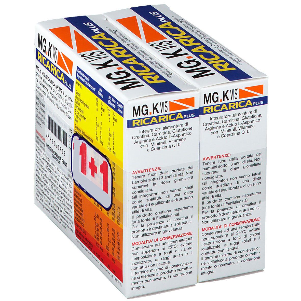 Confezione di MG.K VIS Ricarica Plus + Energia Duo Pack. Contiene 14 bustine. Testo: MG.K VIS, Ricarica Plus, Energia, Zero Zuccheri.