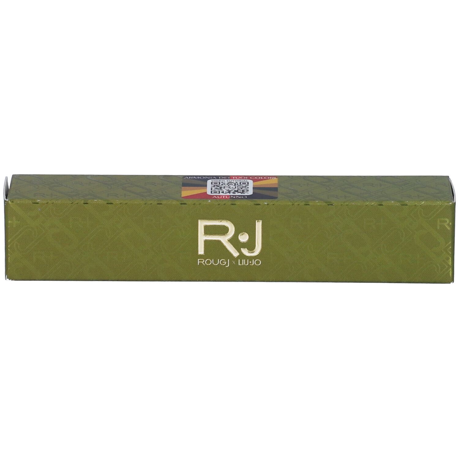 Confezione rettangolare verde con scritta bianca R.J. Rougj + Liu Jo. Con adesivo di certificazione.