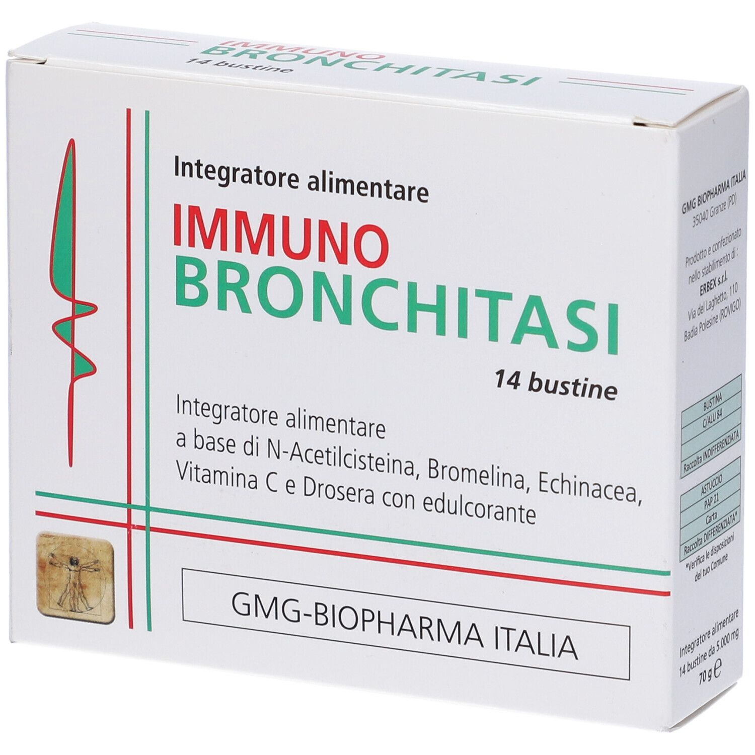 Scatola bianca con nome prodotto e 14 bustine. Linee verdi e rosse. Testo sul lato.