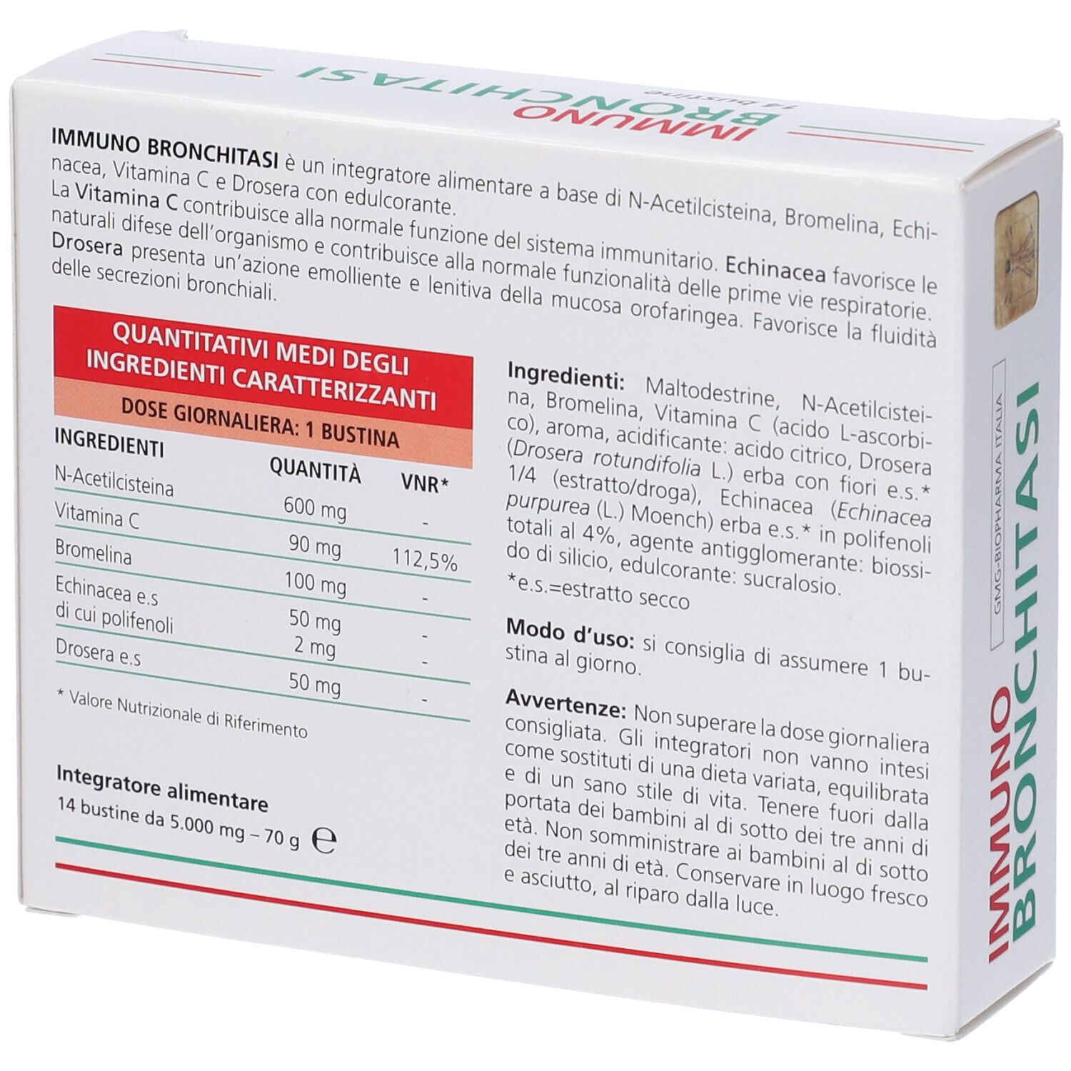 Retro della scatola con ingredienti e dosaggio. Testo in italiano.