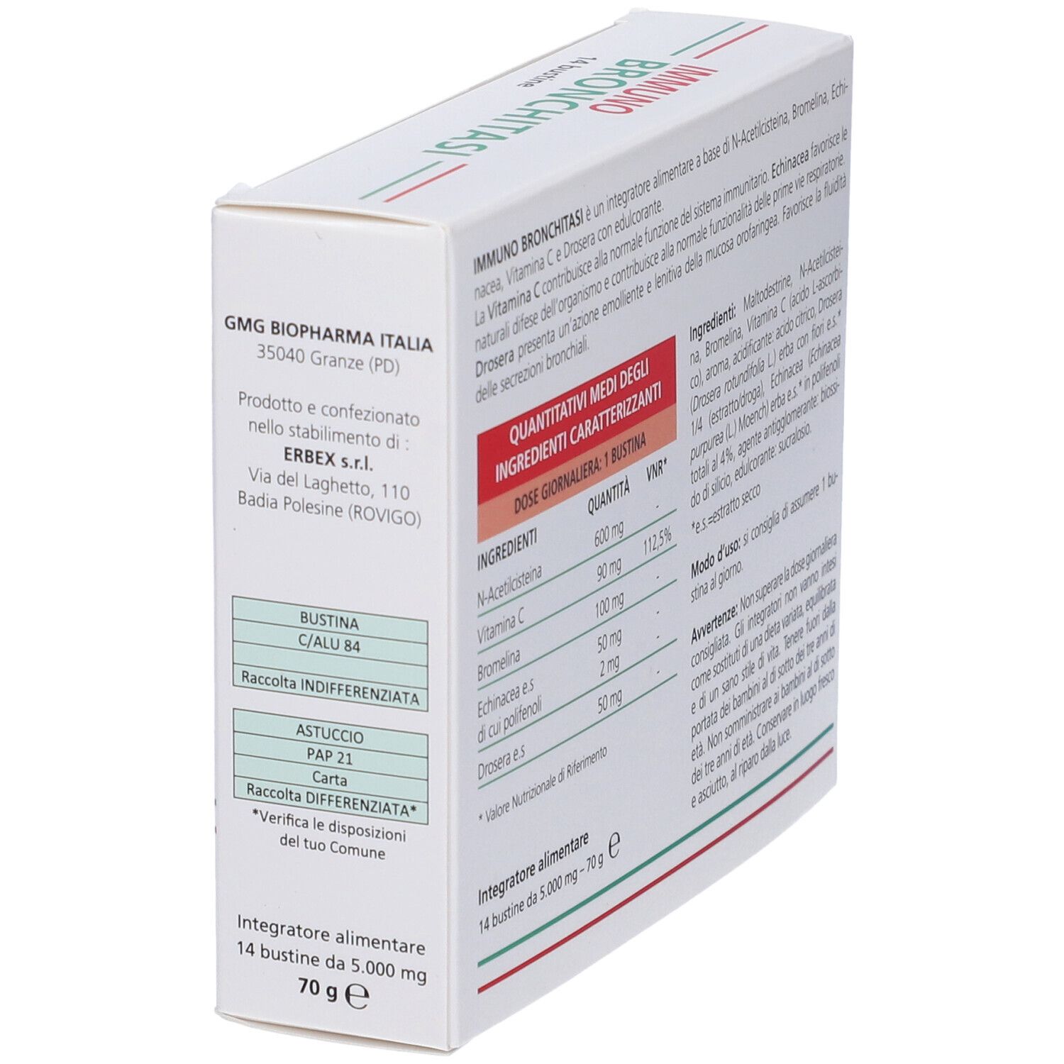 Retro della scatola con ingredienti e dosaggio. Testo in italiano.