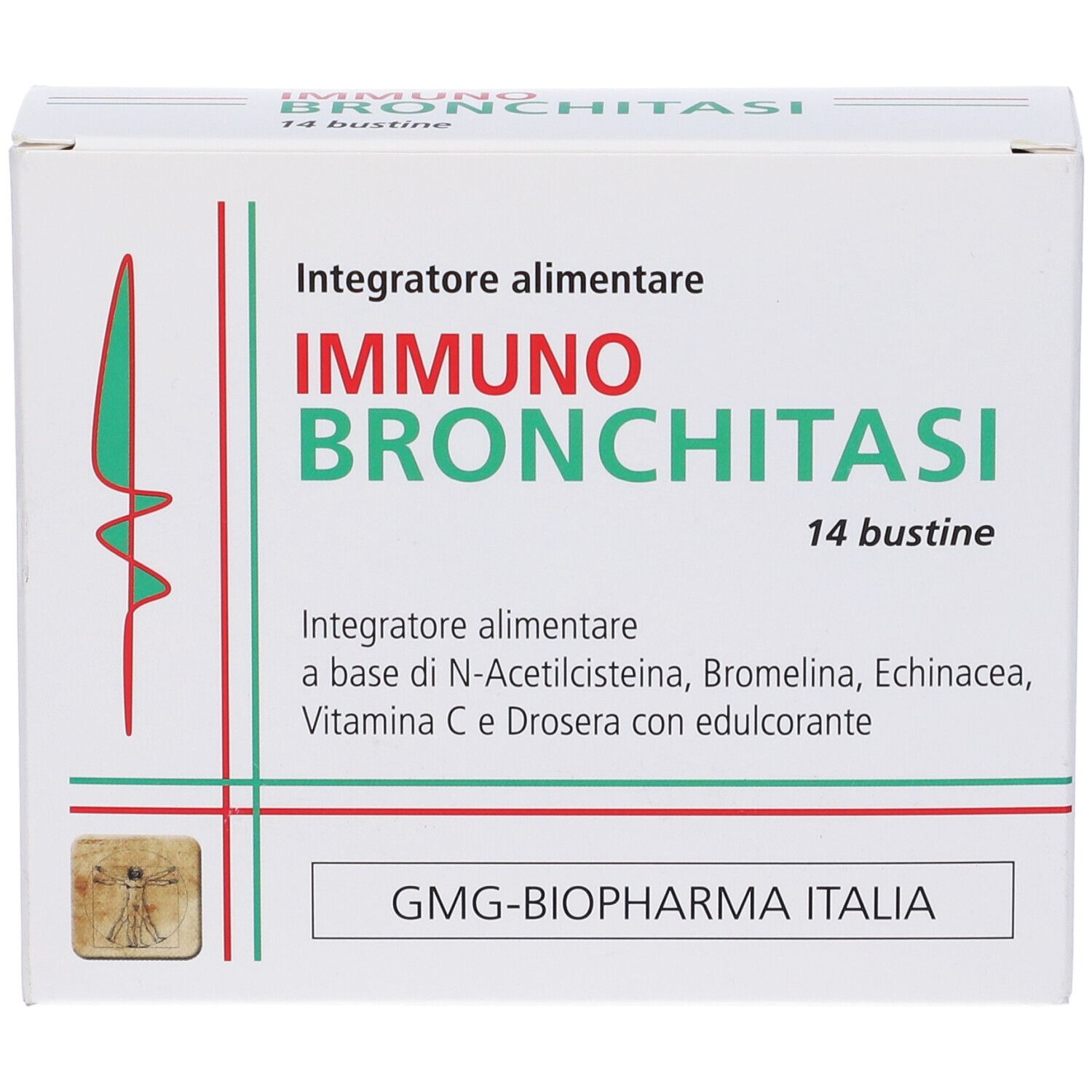 Scatola bianca con nome prodotto e 14 bustine. Linee verdi e rosse. Logo in basso a sinistra.