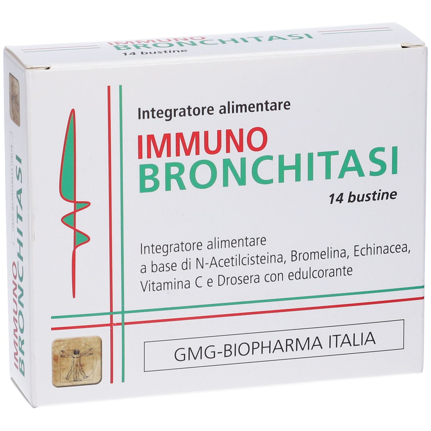 Scatola bianca con nome prodotto e 14 bustine. Linee verdi e rosse. Logo in basso a sinistra.