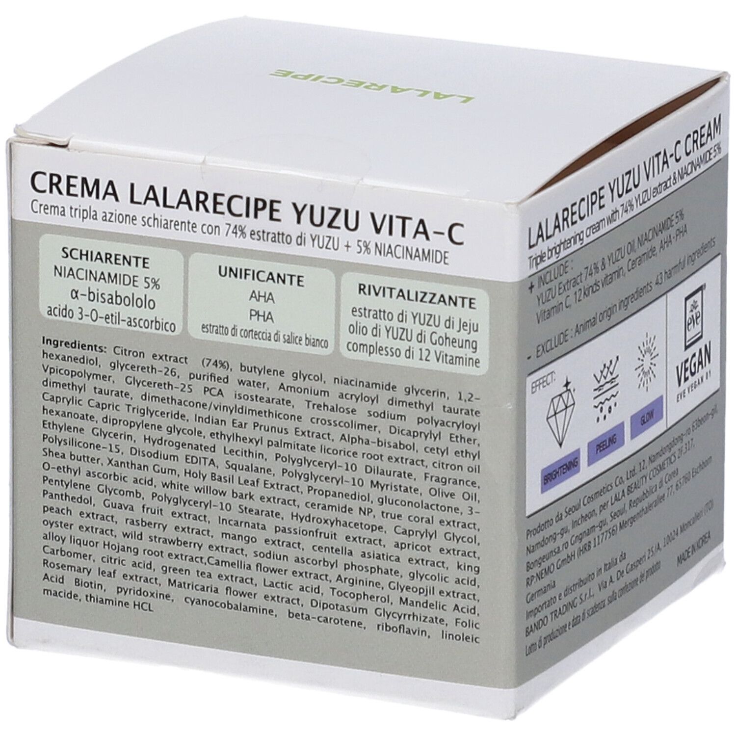 Primo piano della confezione del prodotto. Scritta Yuzu Vita-C Cream. Ingredienti e marchio Lalarecipe visibili. Logo Vegan.