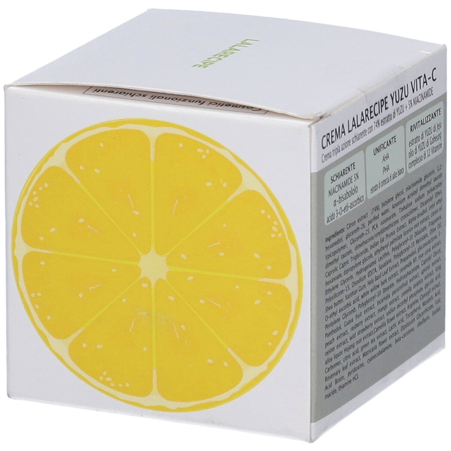 Scatola bianca con illustrazione di limone. Scritta Yuzu Vita-C Cream. Marchio Lalarecipe. Testo in italiano.