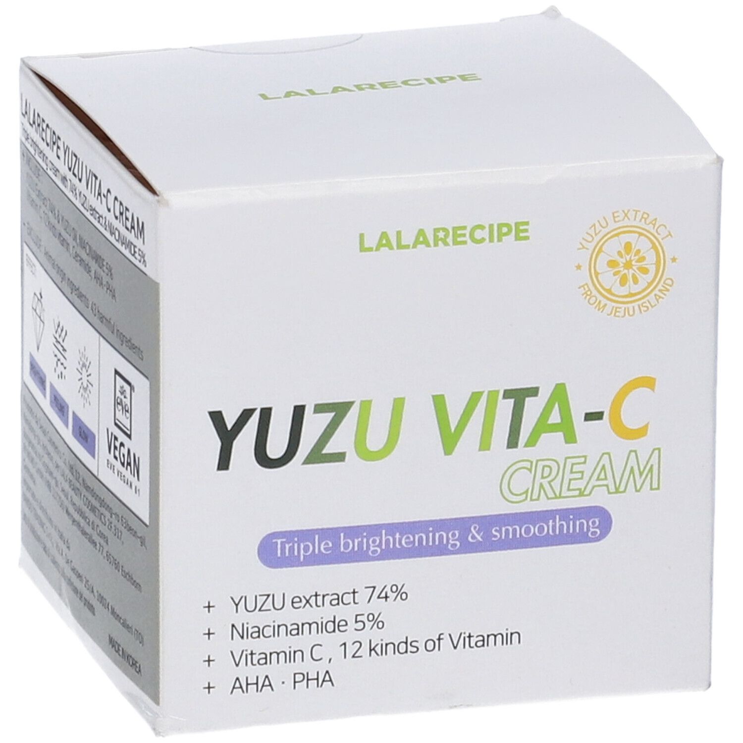 Scatola bianca con scritta Yuzu Vita-C Cream. Marchio Lalarecipe. Logo Vegan.