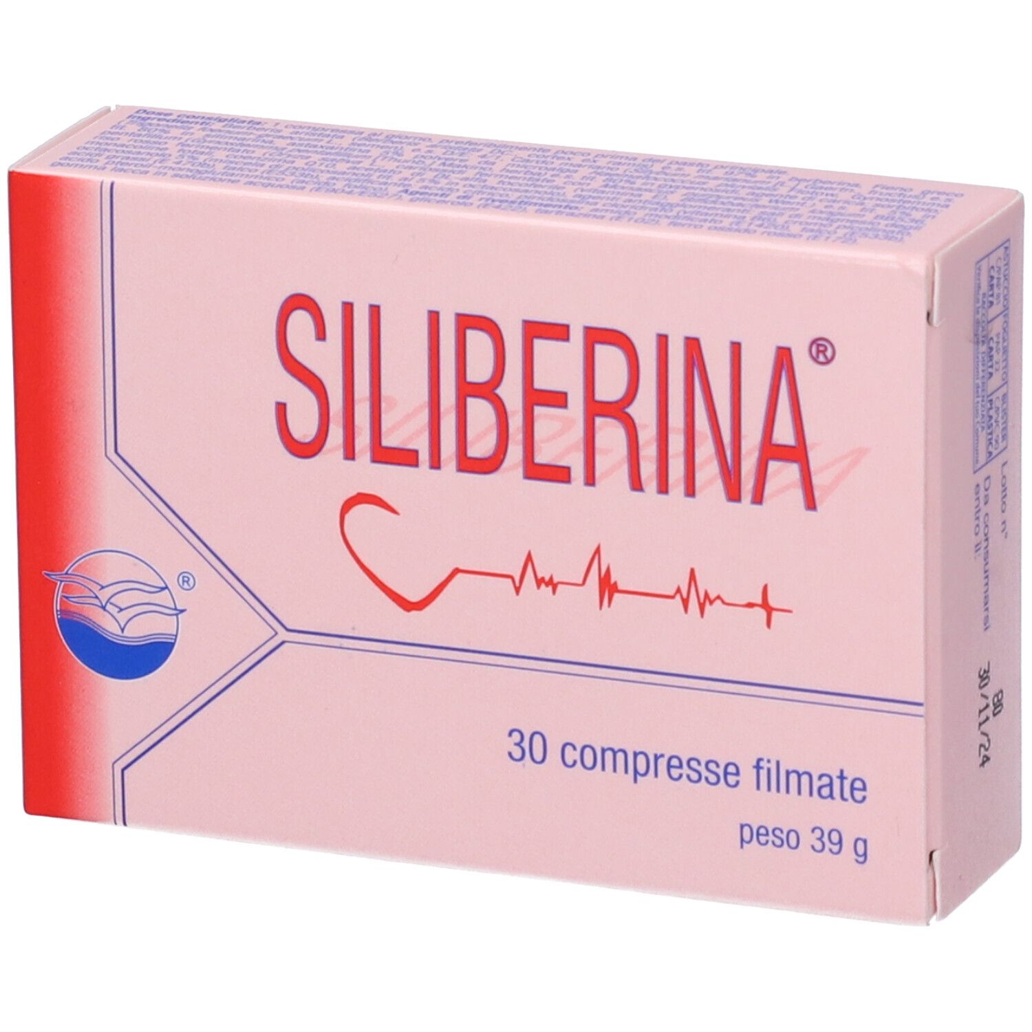 Scatola rosa "Siliberina". 30 compresse filmate, 39 g. Logo e testo rossi. Timbro data.