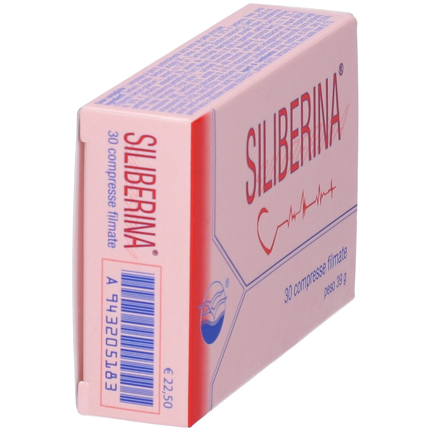 Scatola rosa "Siliberina". 30 compresse filmate, 39 g. Codice a barre e prezzo. Vista laterale.