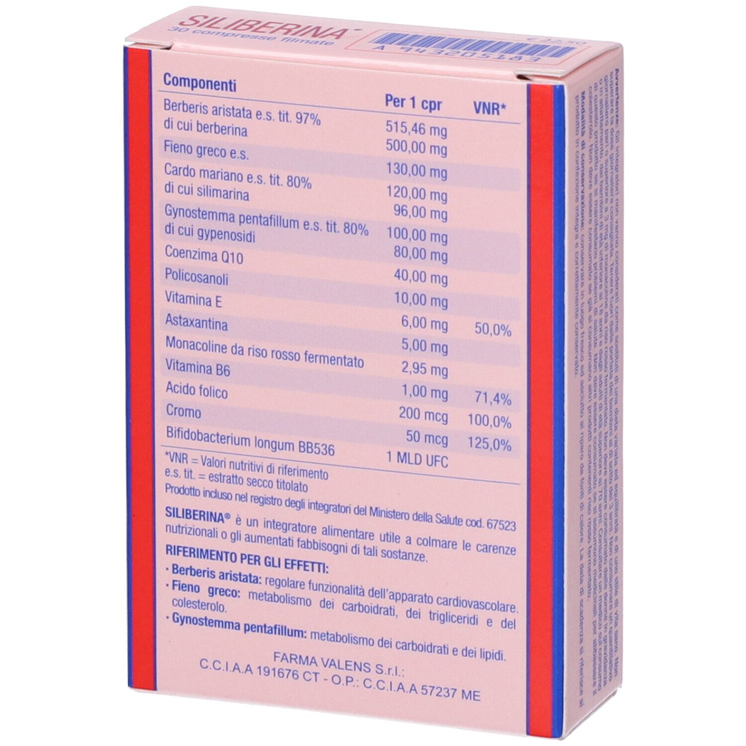 Retro della scatola "Siliberina". Ingredienti, informazioni nutrizionali e informazioni del produttore.