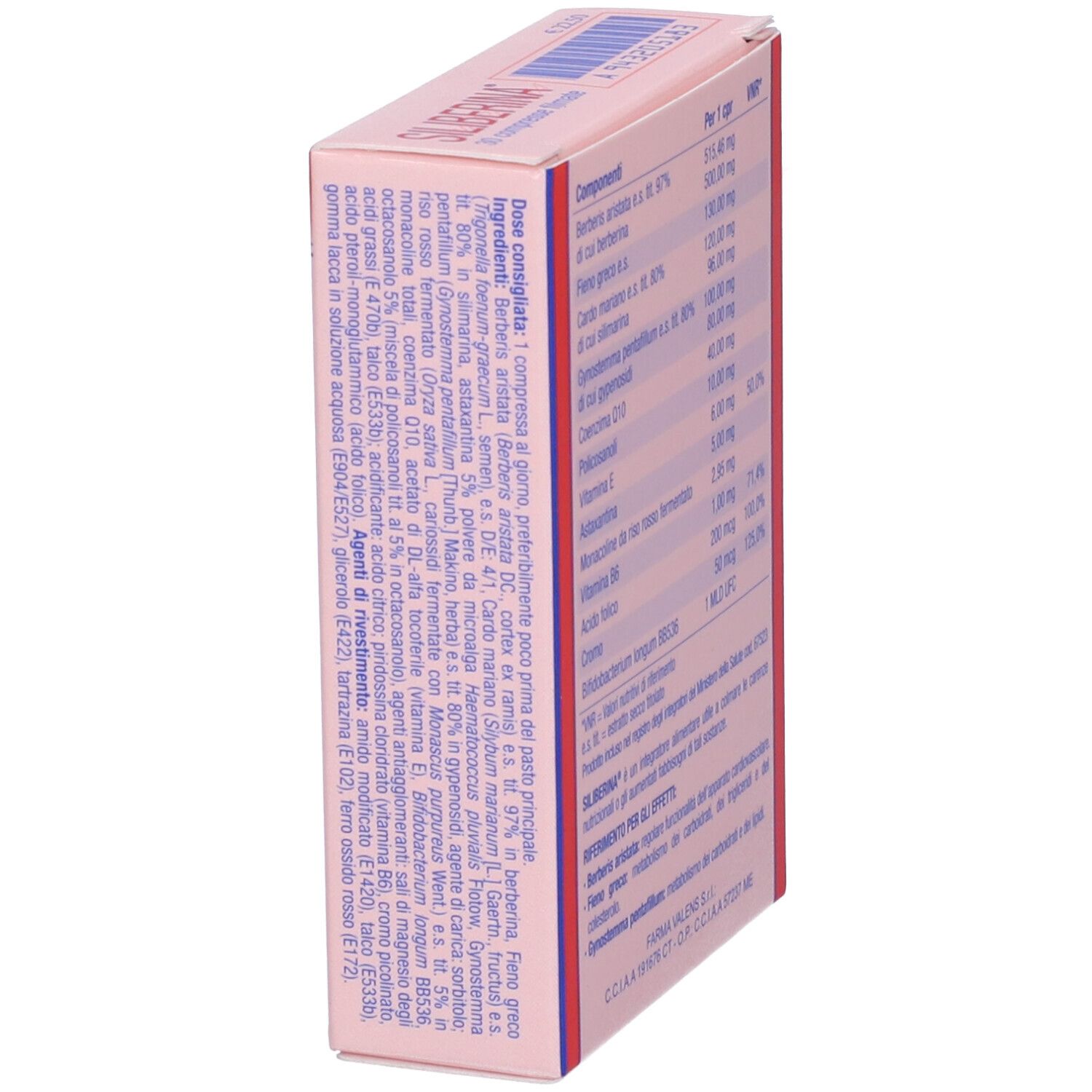 Retro della scatola "Siliberina". Continuazione degli ingredienti e informazioni.