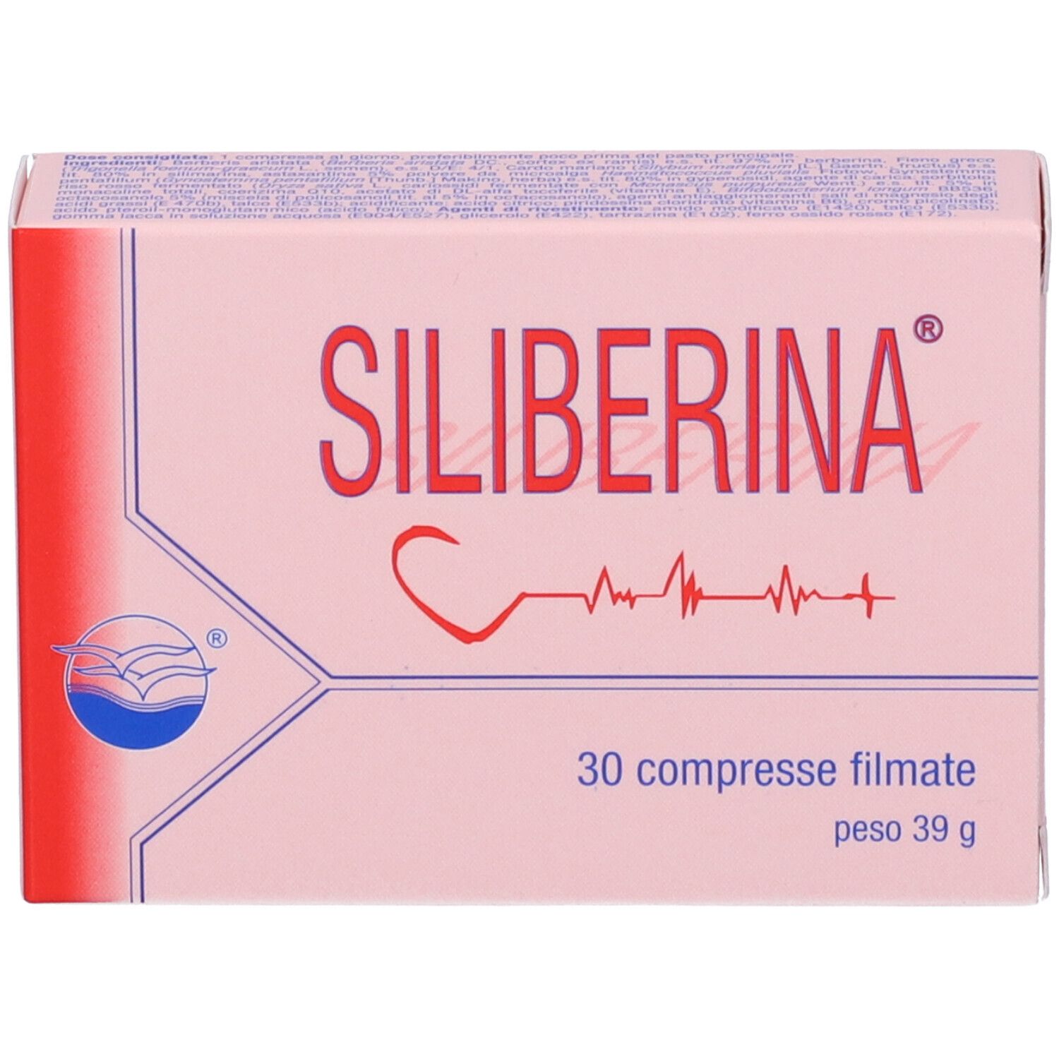 Scatola rosa "Siliberina". 30 compresse filmate, 39 g. Logo e testo rossi.