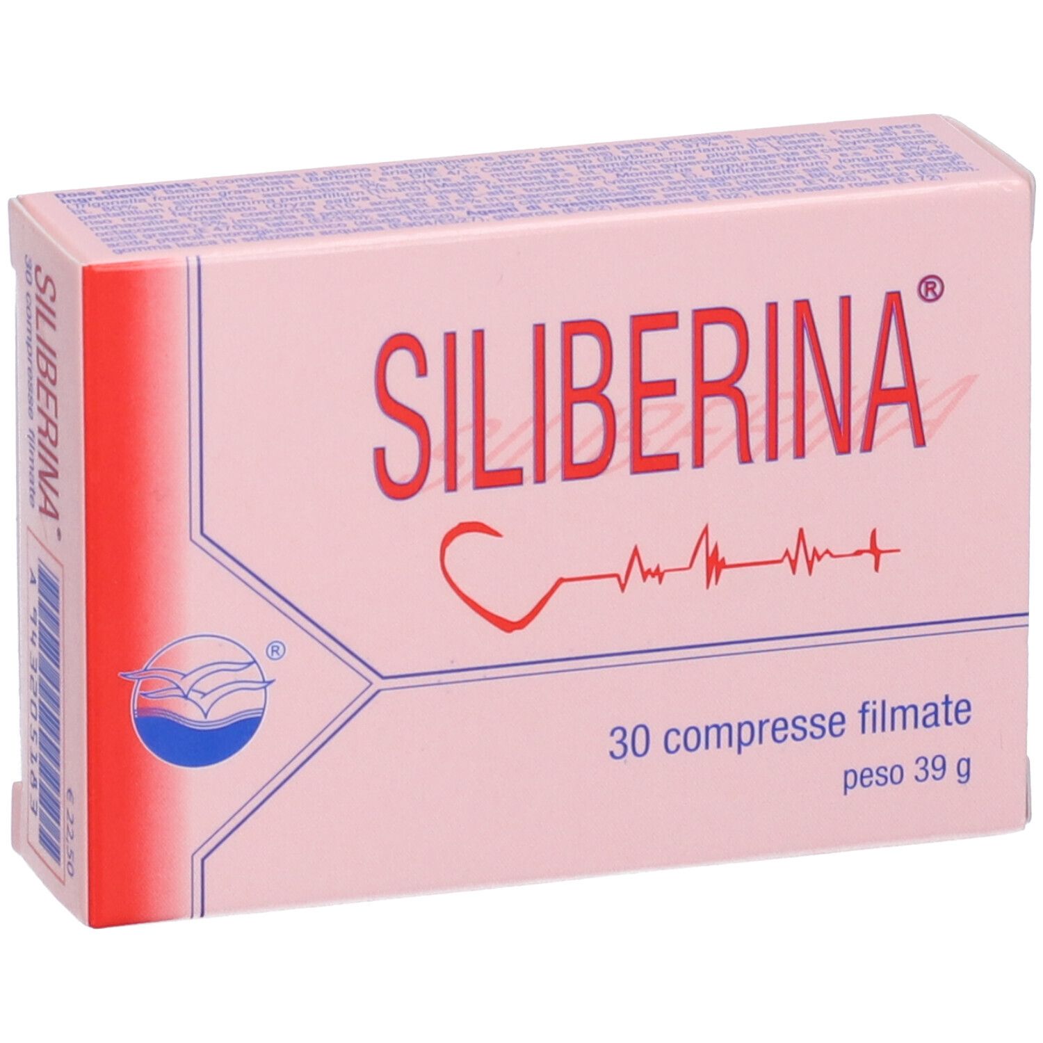 Scatola rosa "Siliberina". 30 compresse filmate, 39 g. Vista laterale con logo e testo.