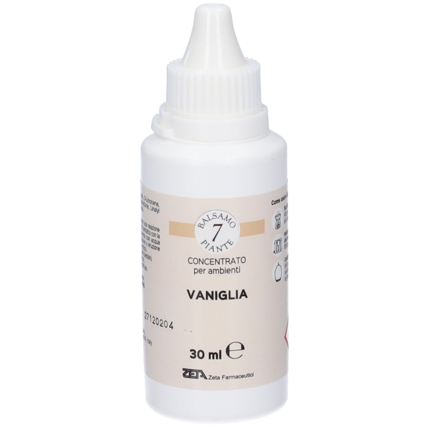 Flacone bianco con contagocce. Scritta: Balsamo 7 Piante, Concentrato per ambienti, Vaniglia, 30 ml. Zeta Farmaceutici. Avvertenze.