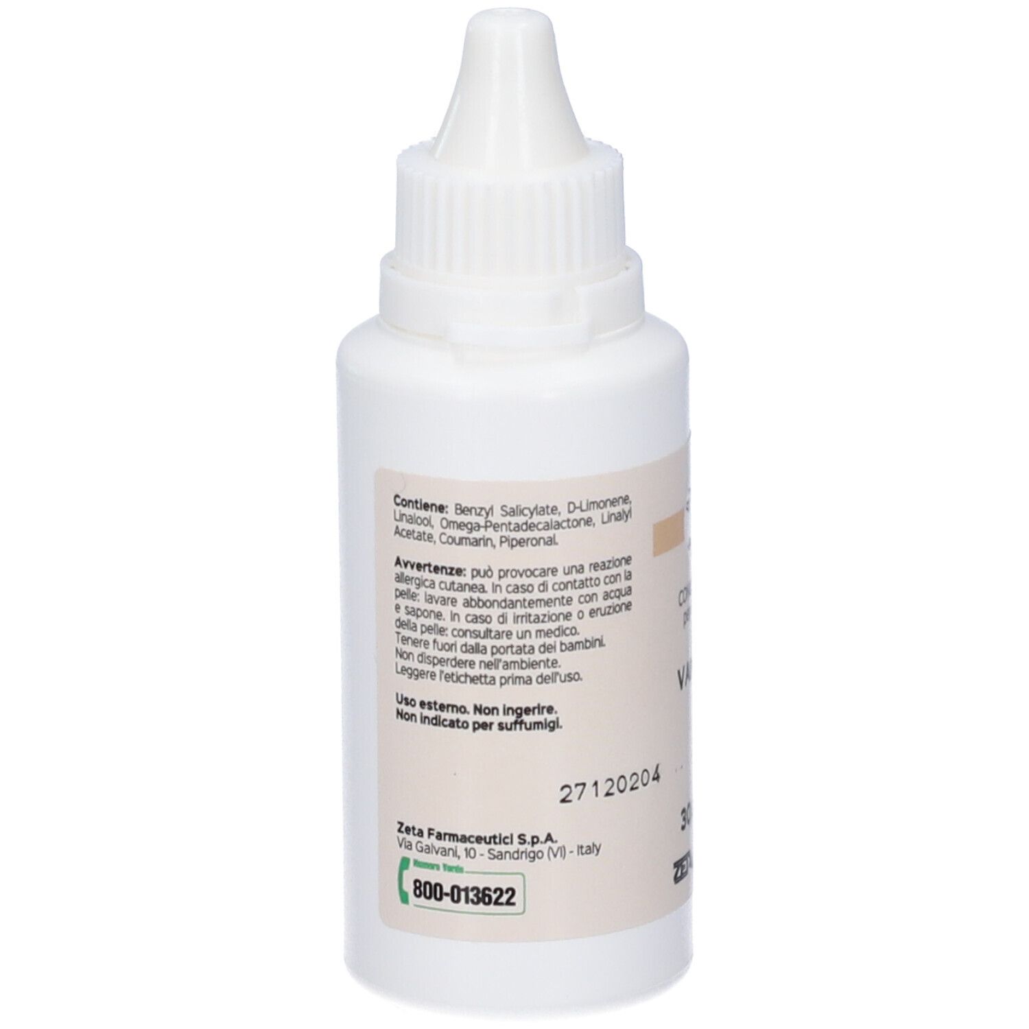 Flacone bianco con contagocce. Retro con testo: ingredienti, avvertenze, Zeta Farmaceutici.