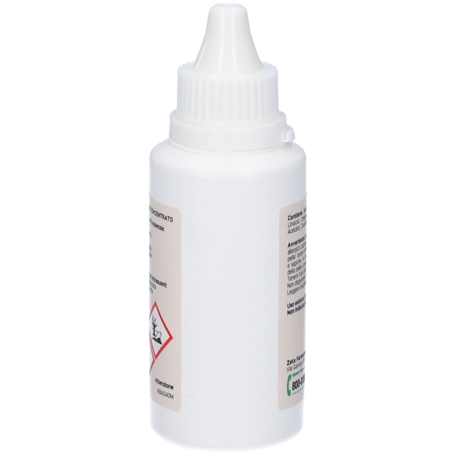 Flacone bianco con contagocce. Retro con testo e simboli di pericolo.