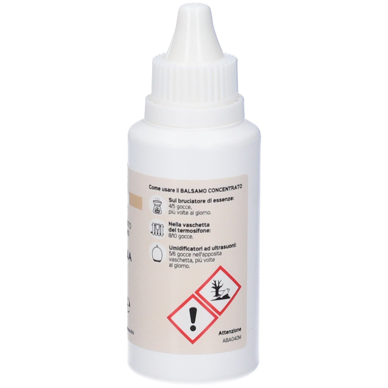 Flacone bianco con contagocce. Testo: istruzioni per l'uso, simboli di pericolo.