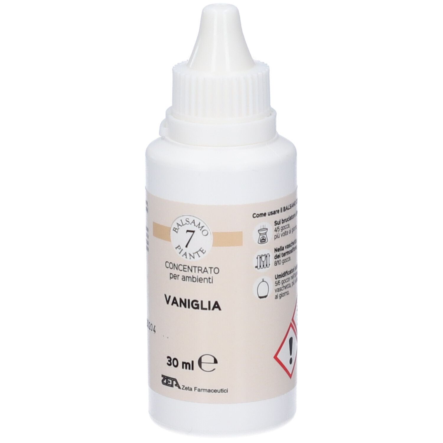 Flacone bianco con contagocce. Scritta: Balsamo 7 Piante, Concentrato per ambienti, Vaniglia, 30 ml, Zeta Farmaceutici.