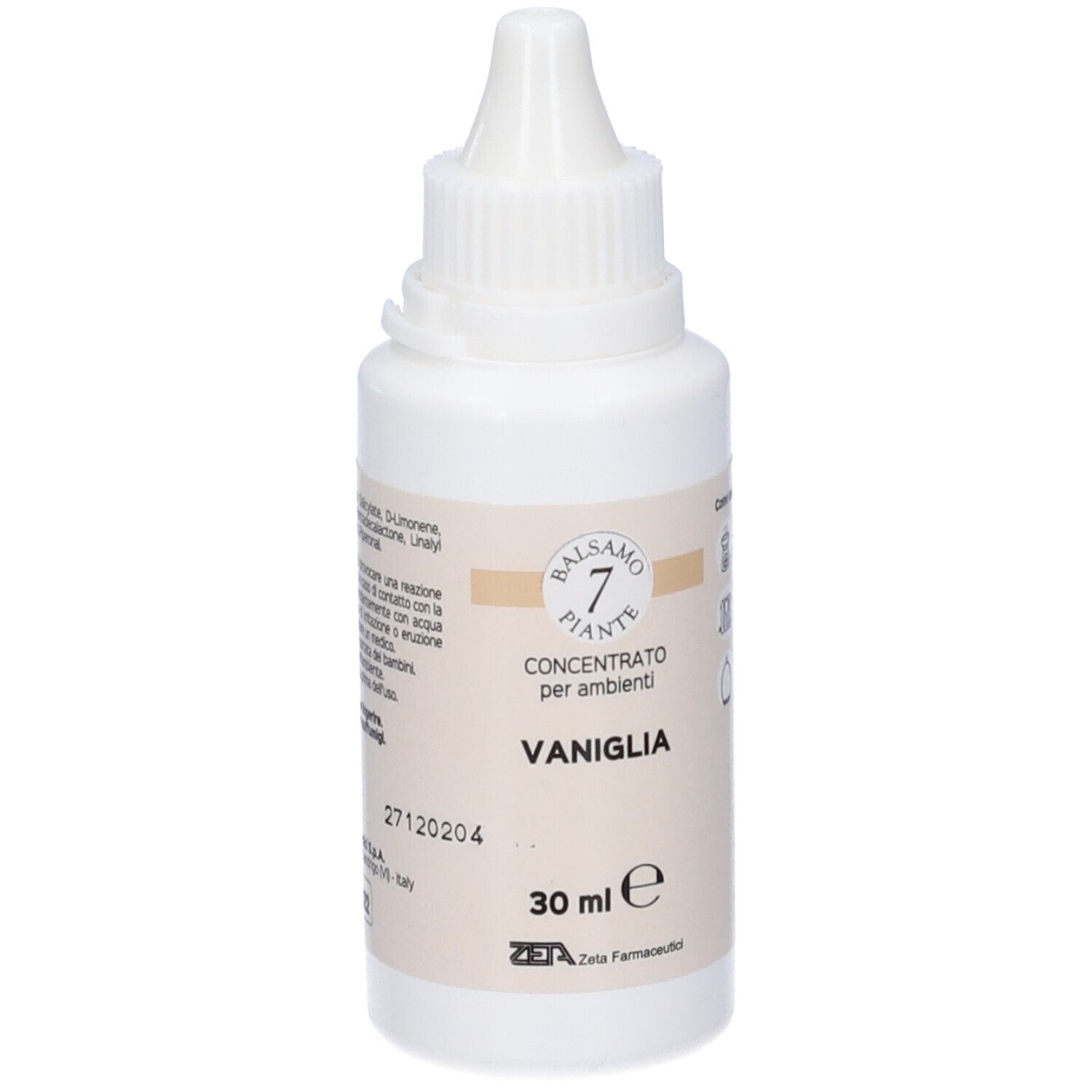 Flacone bianco con contagocce. Retro con testo: ingredienti, avvertenze, 30 ml, Zeta Farmaceutici.