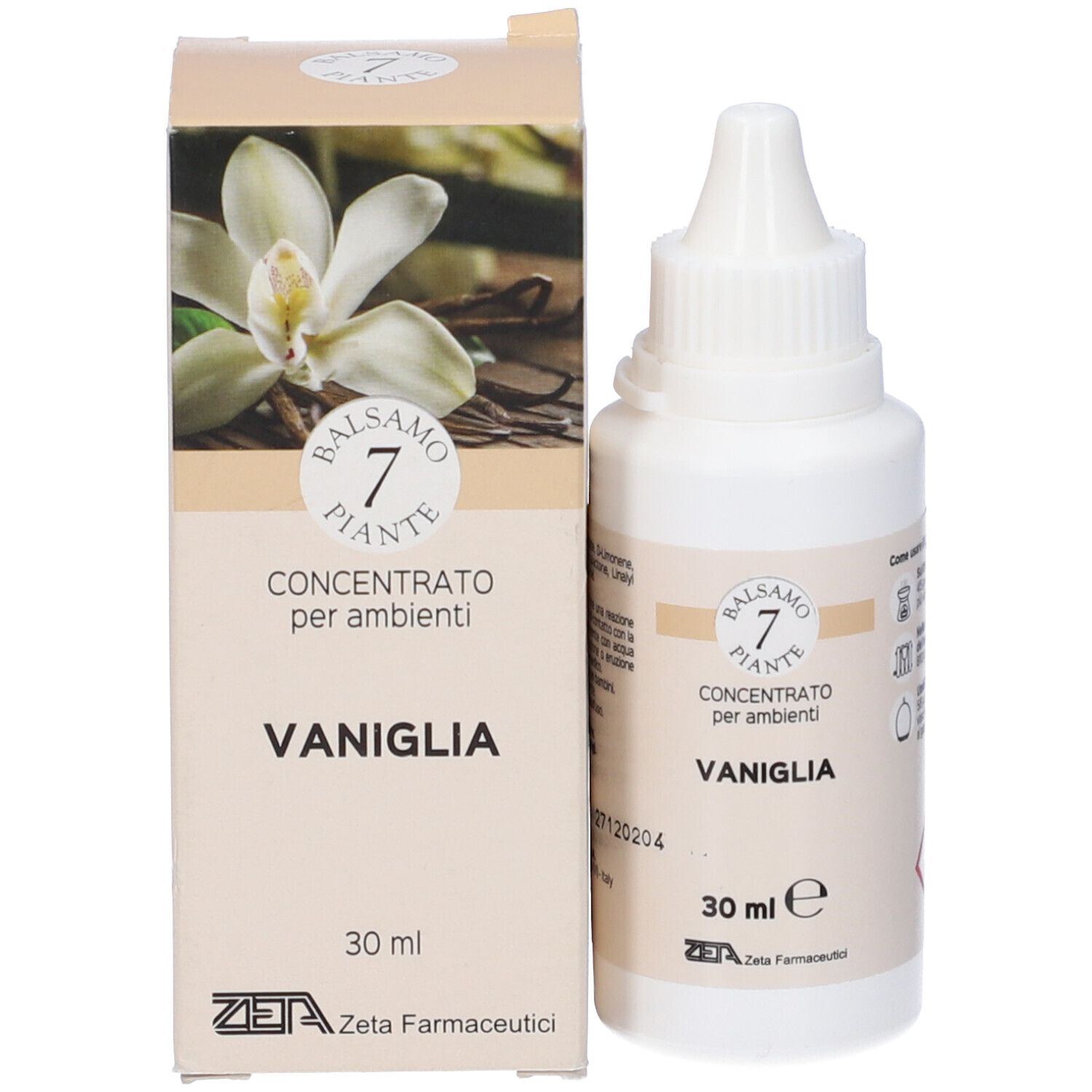 Confezione e flacone del prodotto. Confezione: Balsamo 7 Piante, Concentrato per ambienti, Vaniglia, 30 ml, Zeta Farmaceutici. Flacone: Vaniglia, 30 ml.