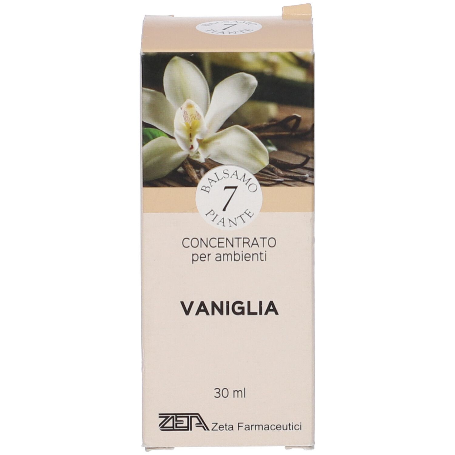 Scatola con immagine del prodotto. In alto: fiore e baccelli di vaniglia. Testo: Balsamo 7 Piante, Concentrato per ambienti, Vaniglia, 30 ml, Zeta Farmaceutici.