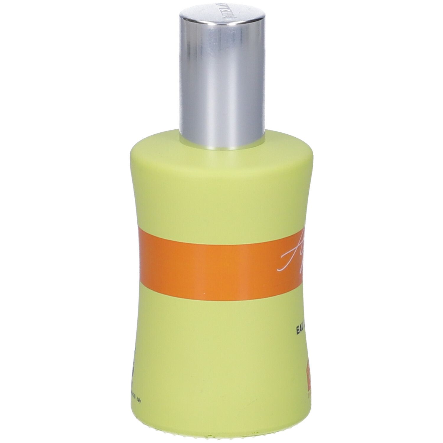 Flacone verde chiaro con tappo argentato. Fascia arancione con testo. Scritta: Agrumée, Eau de Parfum.