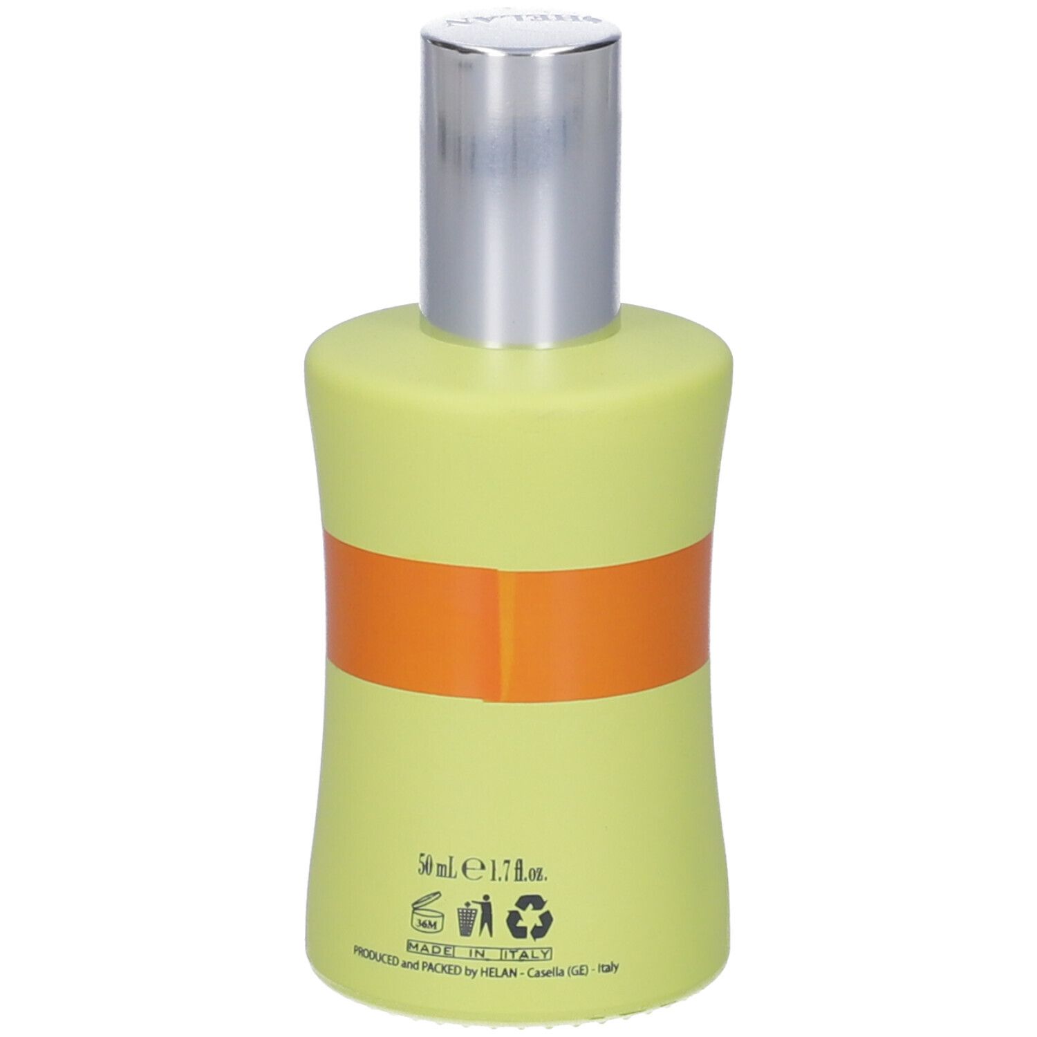 Flacone verde chiaro con tappo argentato. Fascia arancione. Scritta: Agrumée, Eau de Parfum. Retro: 50ml, Made in Italy, simboli riciclo.