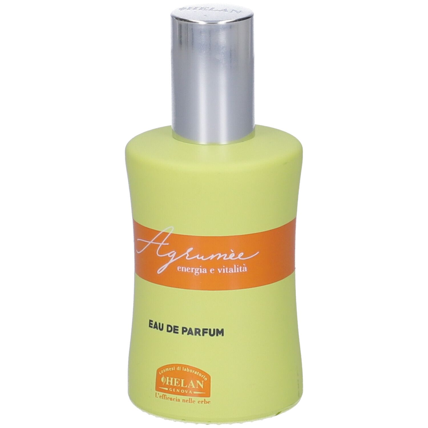 Flacone verde chiaro con tappo argentato. Fascia arancione con testo. Scritta: Agrumée, Eau de Parfum, Helan.