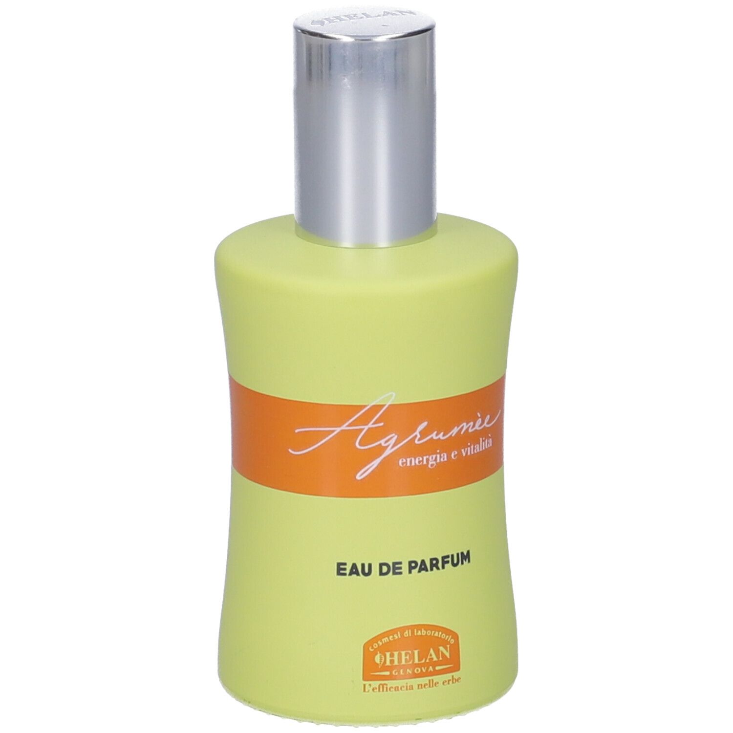 Flacone verde chiaro con tappo argentato. Fascia arancione con testo. Scritta: Agrumée, Eau de Parfum, Helan.