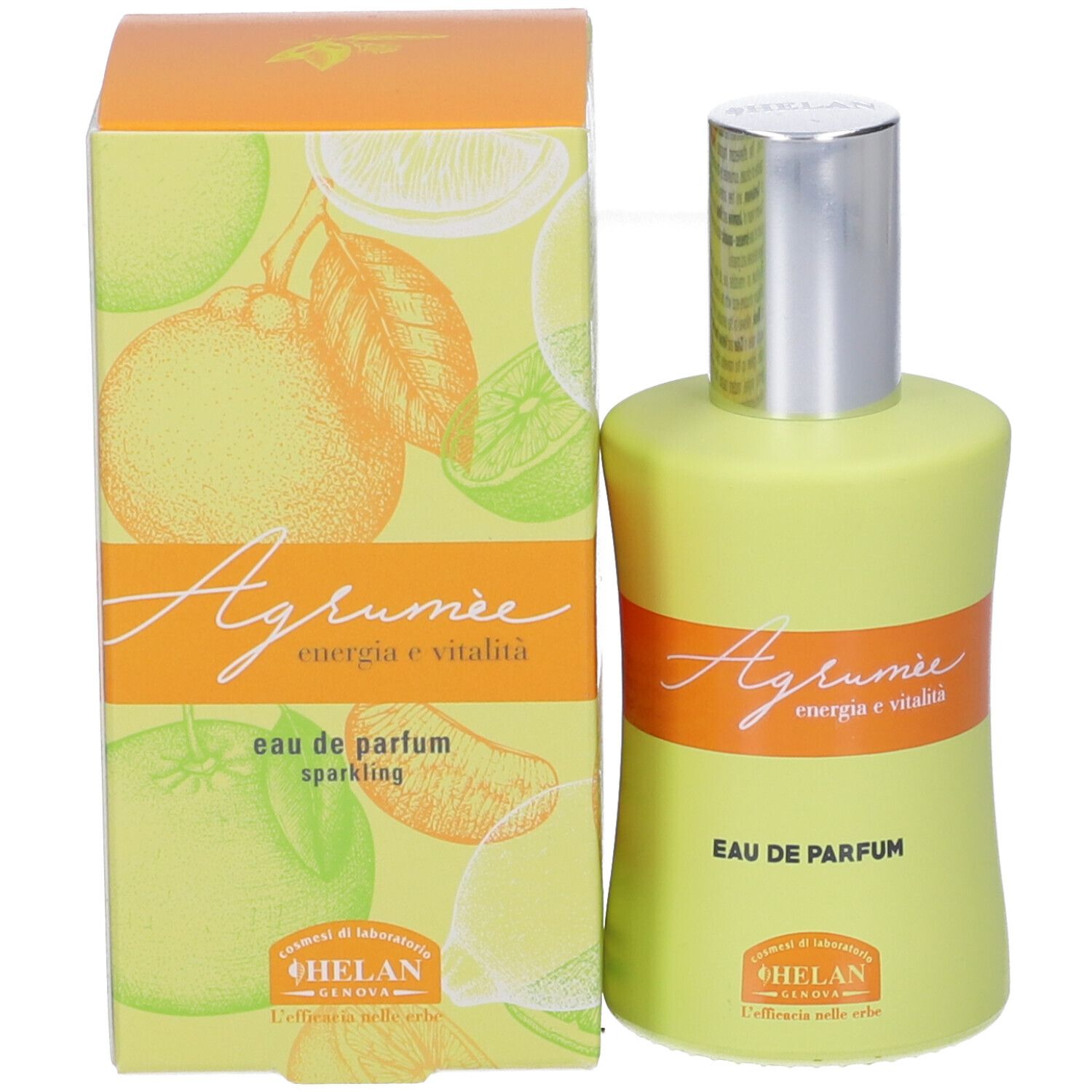 Flacone e scatola verde chiaro. Flacone: Fascia arancione, scritta Agrumée, Eau de Parfum. Scatola: Illustrazione agrumi.
