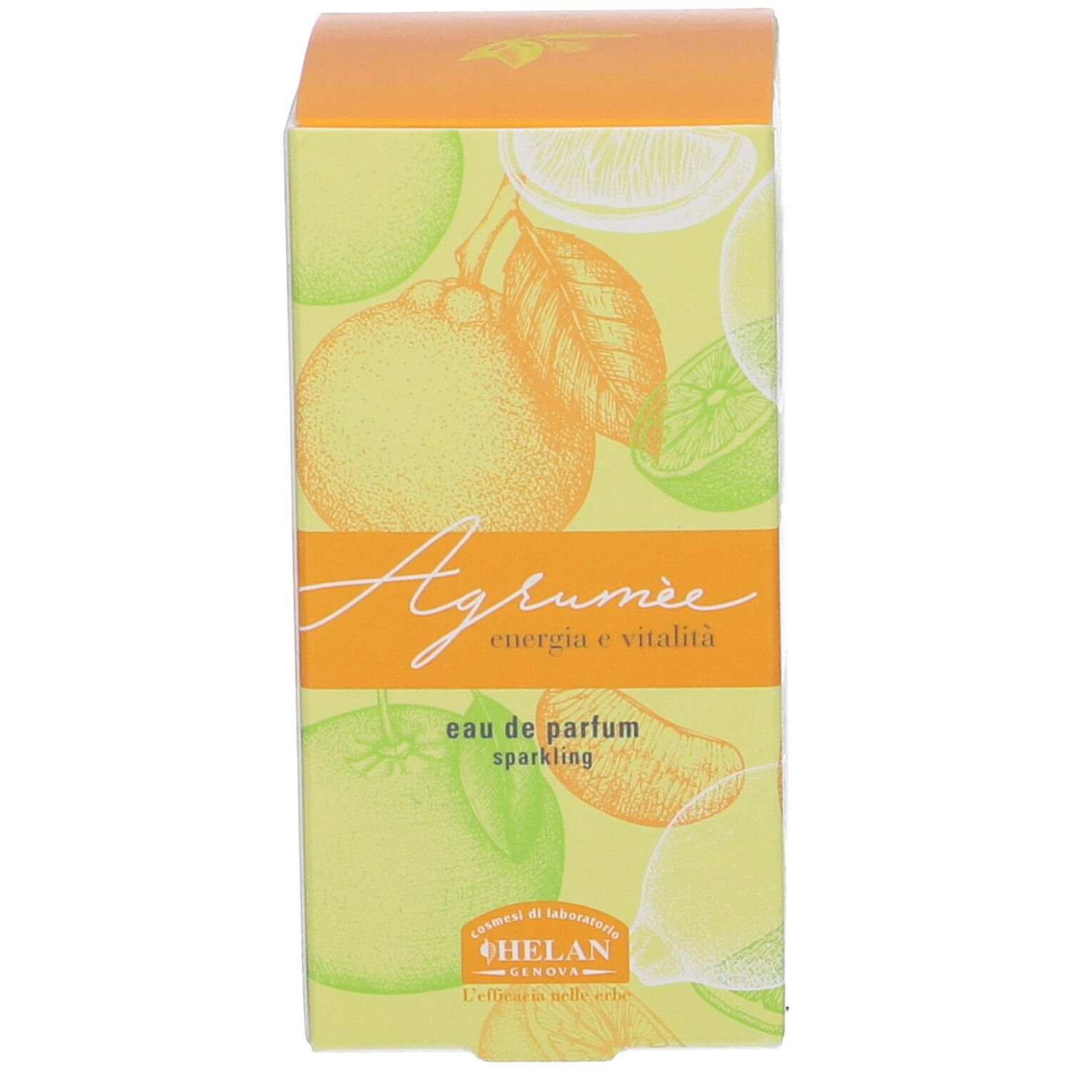 Scatola con illustrazione agrumi. Scritta: Agrumée, Eau de Parfum, Helan. Testo: sparkling.