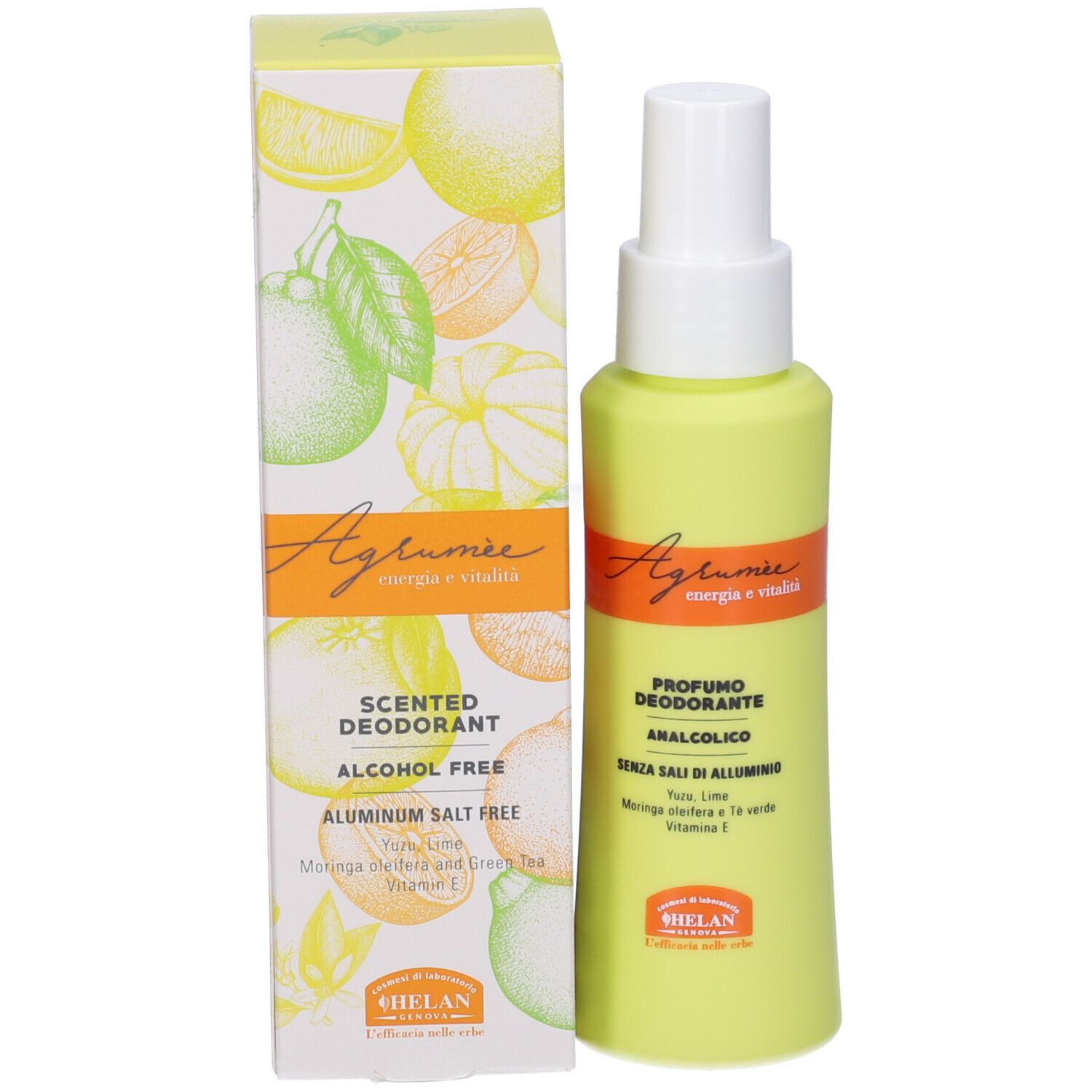 Flacone e scatola gialli. Scritta: Agrumee, Scented Deodorant, Alcohol Free, Aluminum Salt Free. Marchio: Helan. Illustrazioni di agrumi.