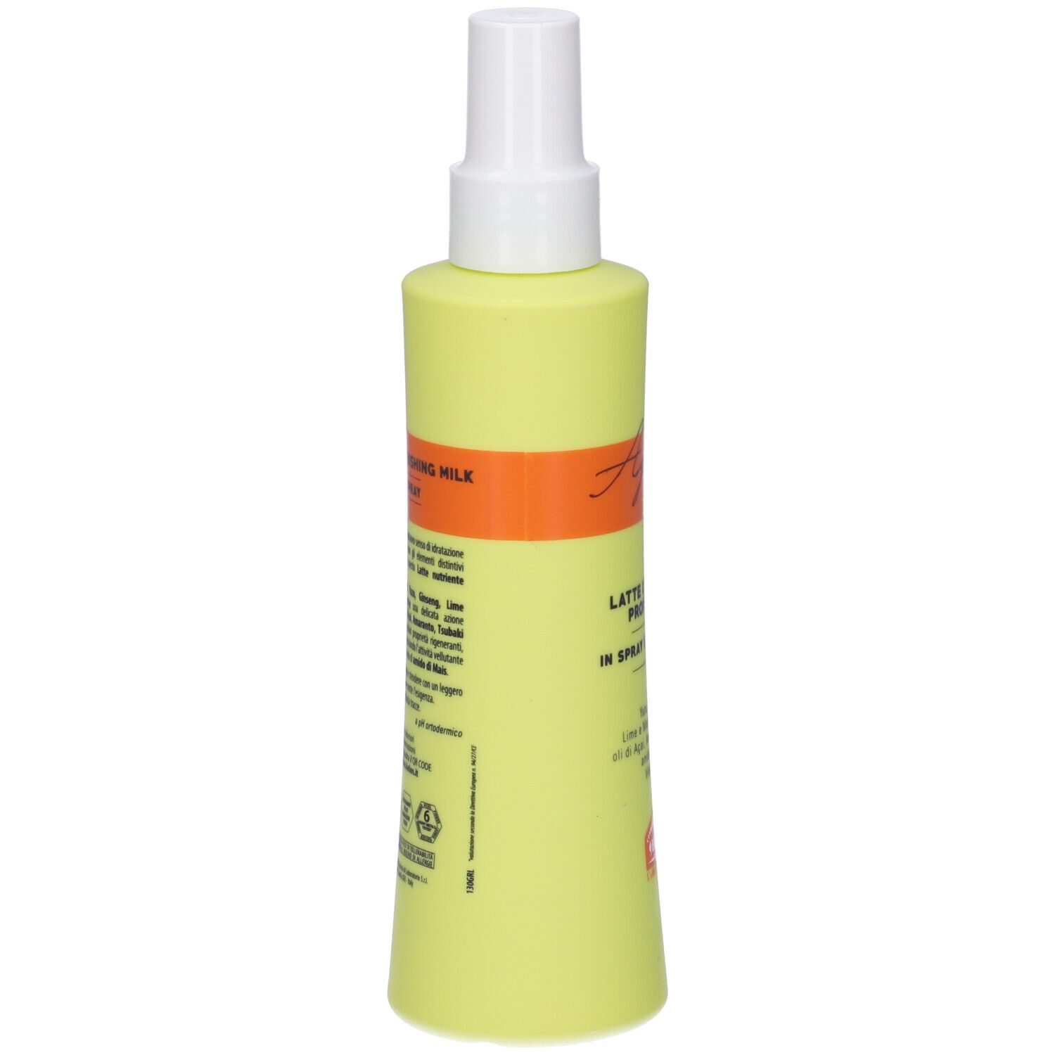 Retro di un flacone spray giallo-verde. Testo: ingredienti, istruzioni per l'uso. Marchio: Helan. Con simboli di riciclaggio.