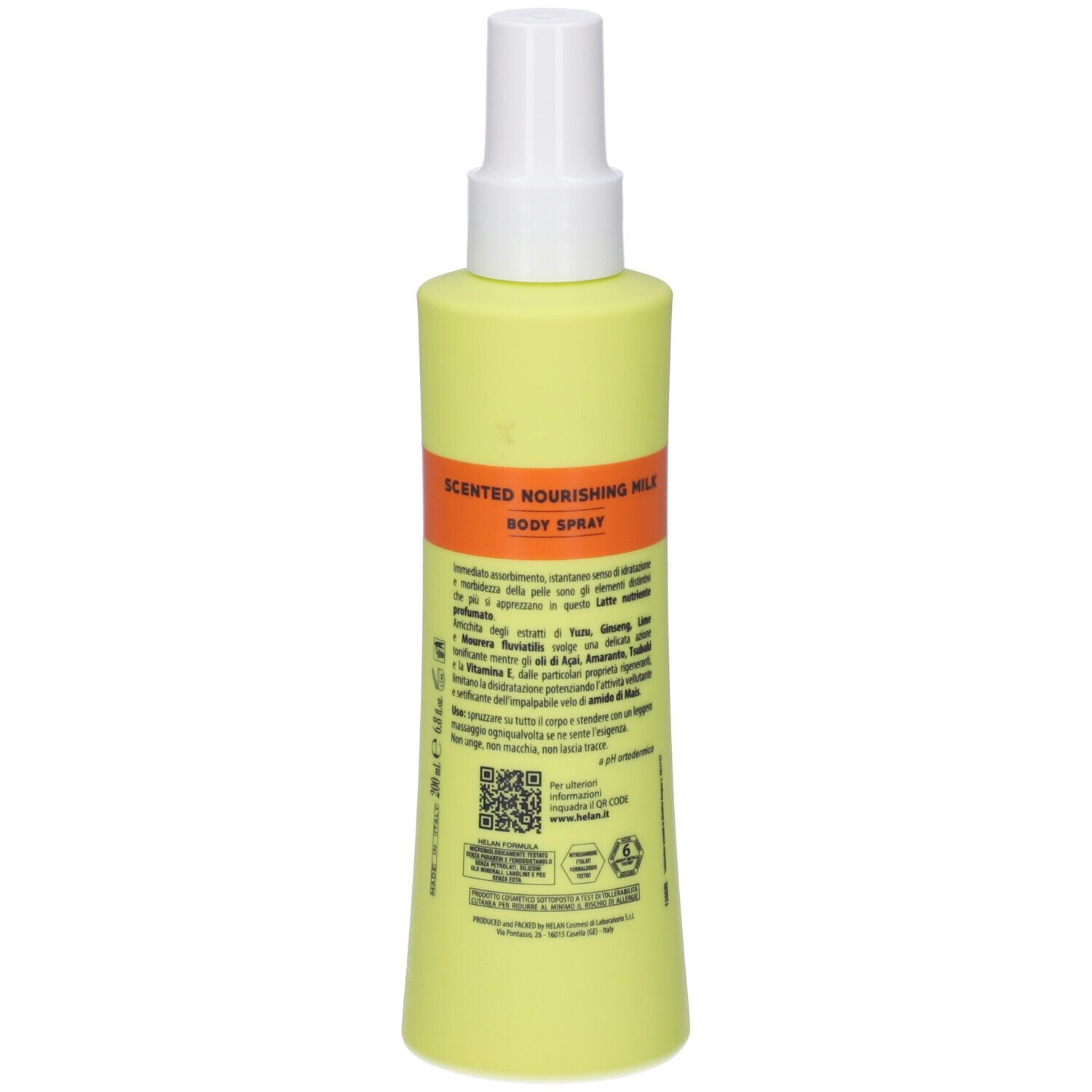 Retro di un flacone spray giallo-verde. Testo: Scented Nourishing Milk Body Spray. Ingredienti, codice QR. Marchio: Helan.