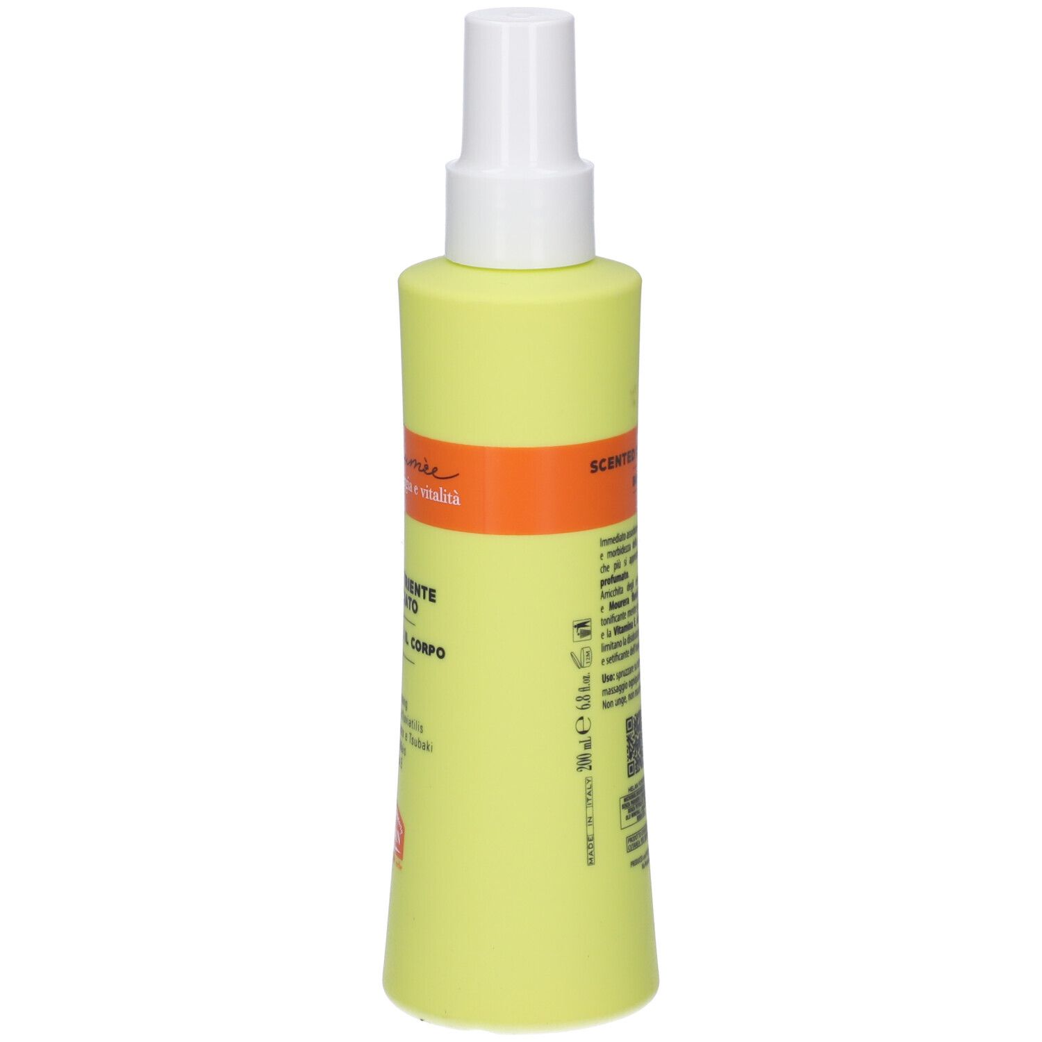 Retro di un flacone spray giallo-verde. Testo: Scented Nourishing Milk Body Spray. Ingredienti, codice QR. Marchio: Helan.