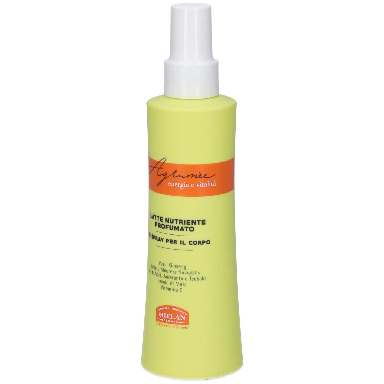 Flacone spray giallo-verde con erogatore bianco. Scritta: Agrumee, Latte Nutriente Profumato, in Spray per il Corpo. Marchio: Helan.