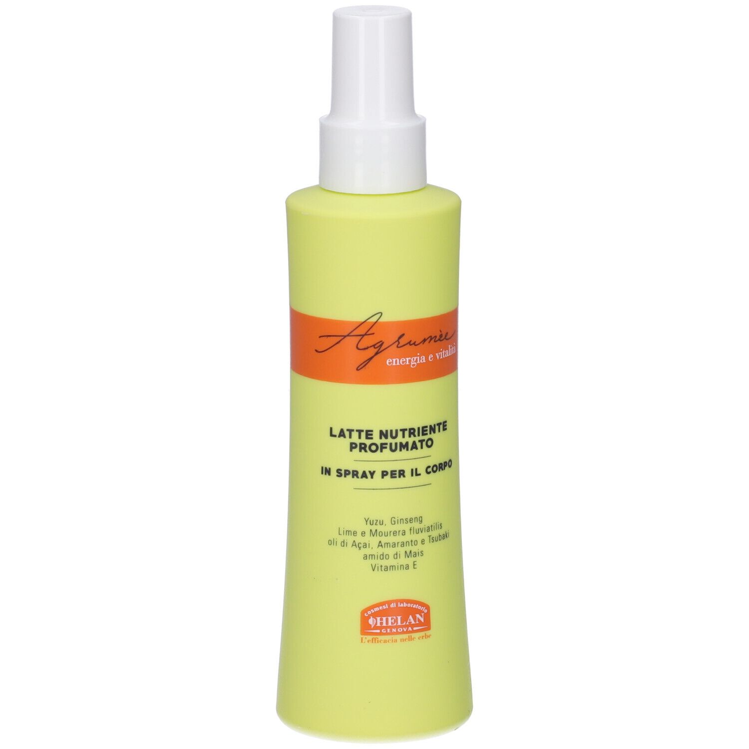 Flacone spray giallo-verde con erogatore bianco. Scritta: Agrumee, Latte Nutriente Profumato, in Spray per il Corpo. Marchio: Helan.