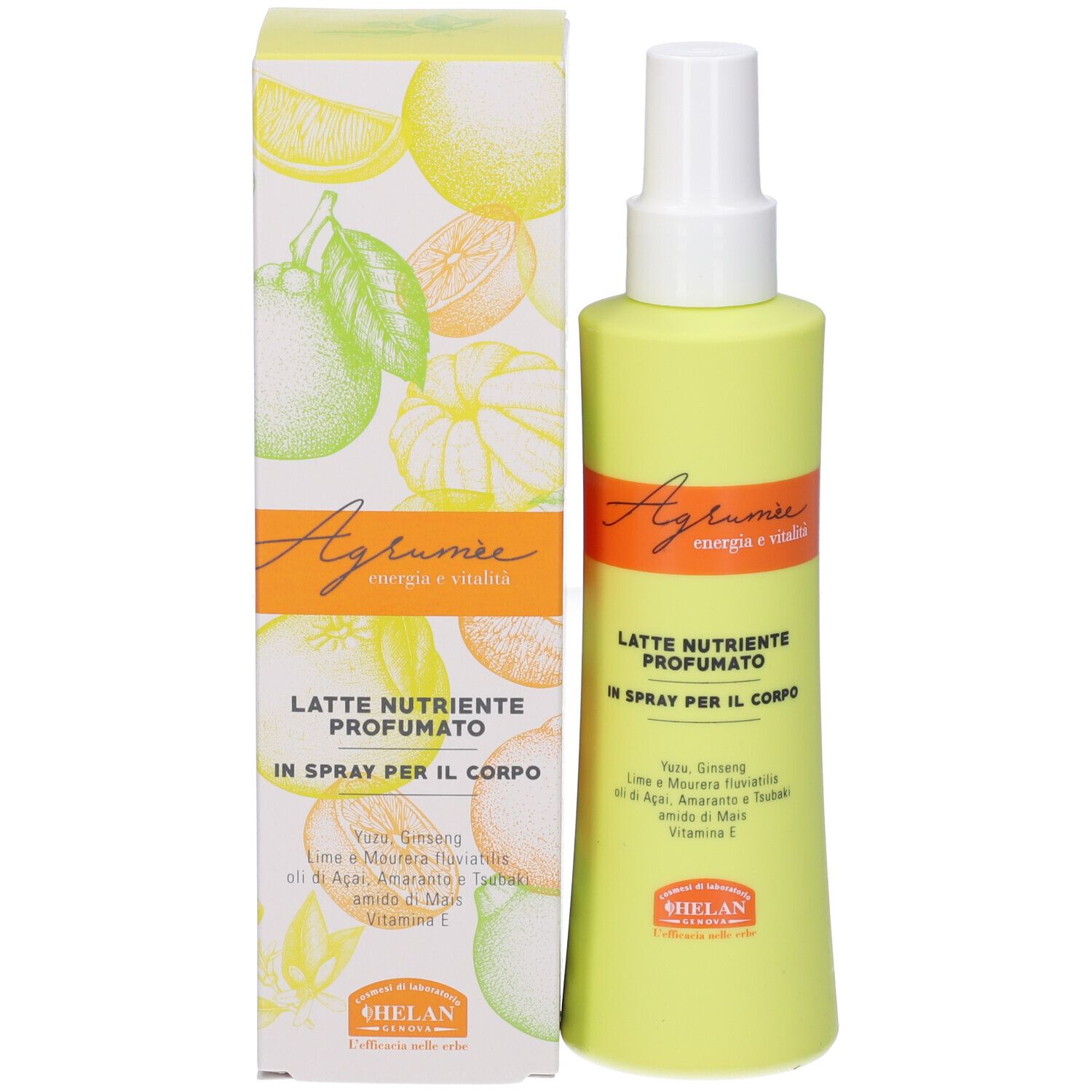 Flacone spray e scatola giallo-verde. Scritta: Agrumee, Latte Nutriente Profumato, in Spray per il Corpo. Marchio: Helan. Illustrazione di agrumi.