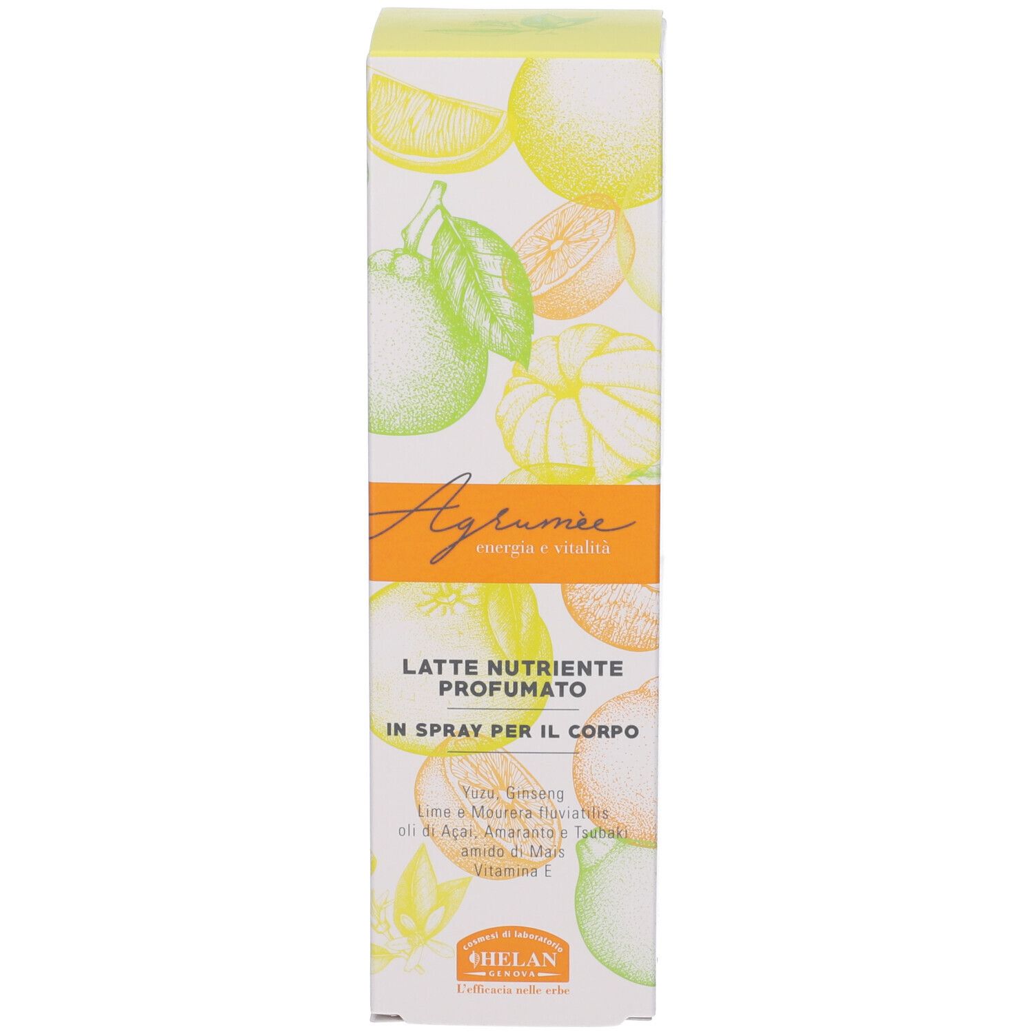 Scatola con illustrazione di agrumi. Scritta: Agrumee, Latte Nutriente Profumato, in Spray per il Corpo. Marchio: Helan.