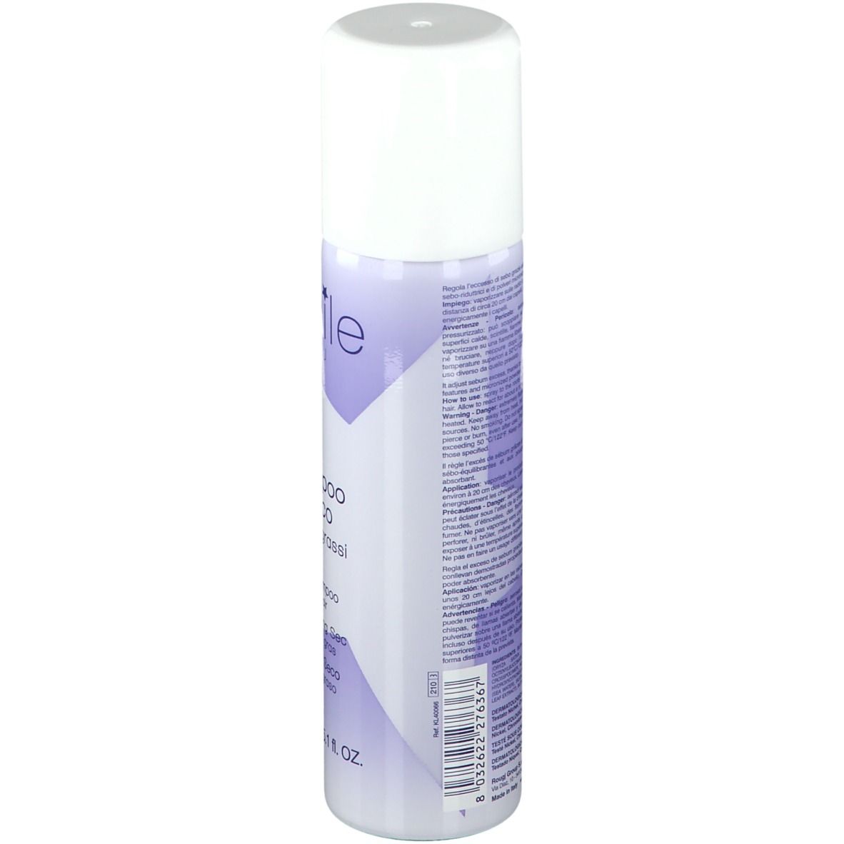 Spray shampoo secco, retro con testo. Tappo bianco, dettagli viola. Codice a barre e avvertenze.