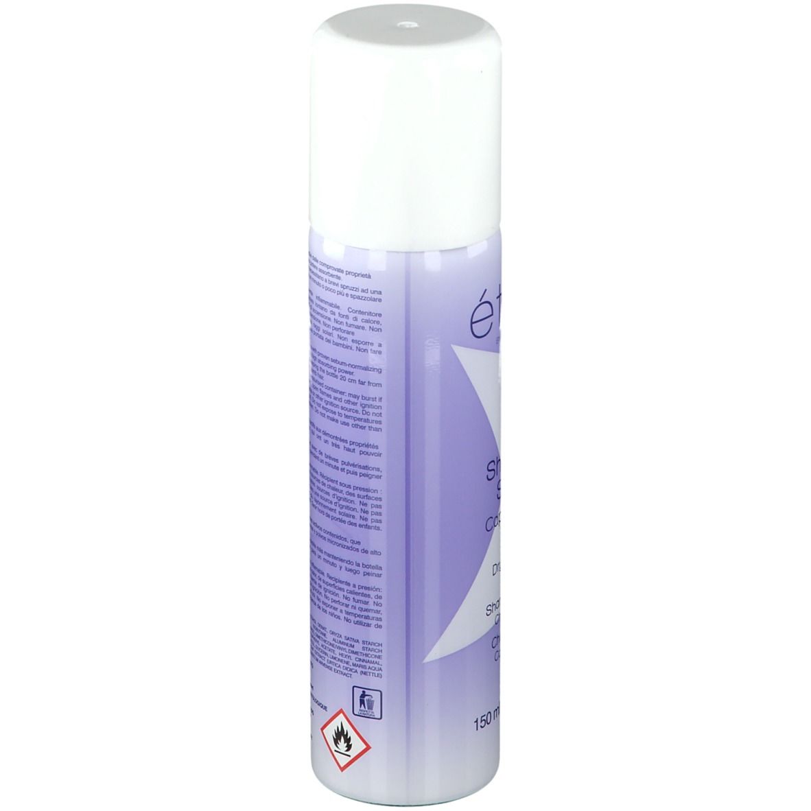 Spray shampoo secco, tappo bianco, dettagli viola. Testo: Étoile by Rougj, Shampoo Secco, 150 ml.