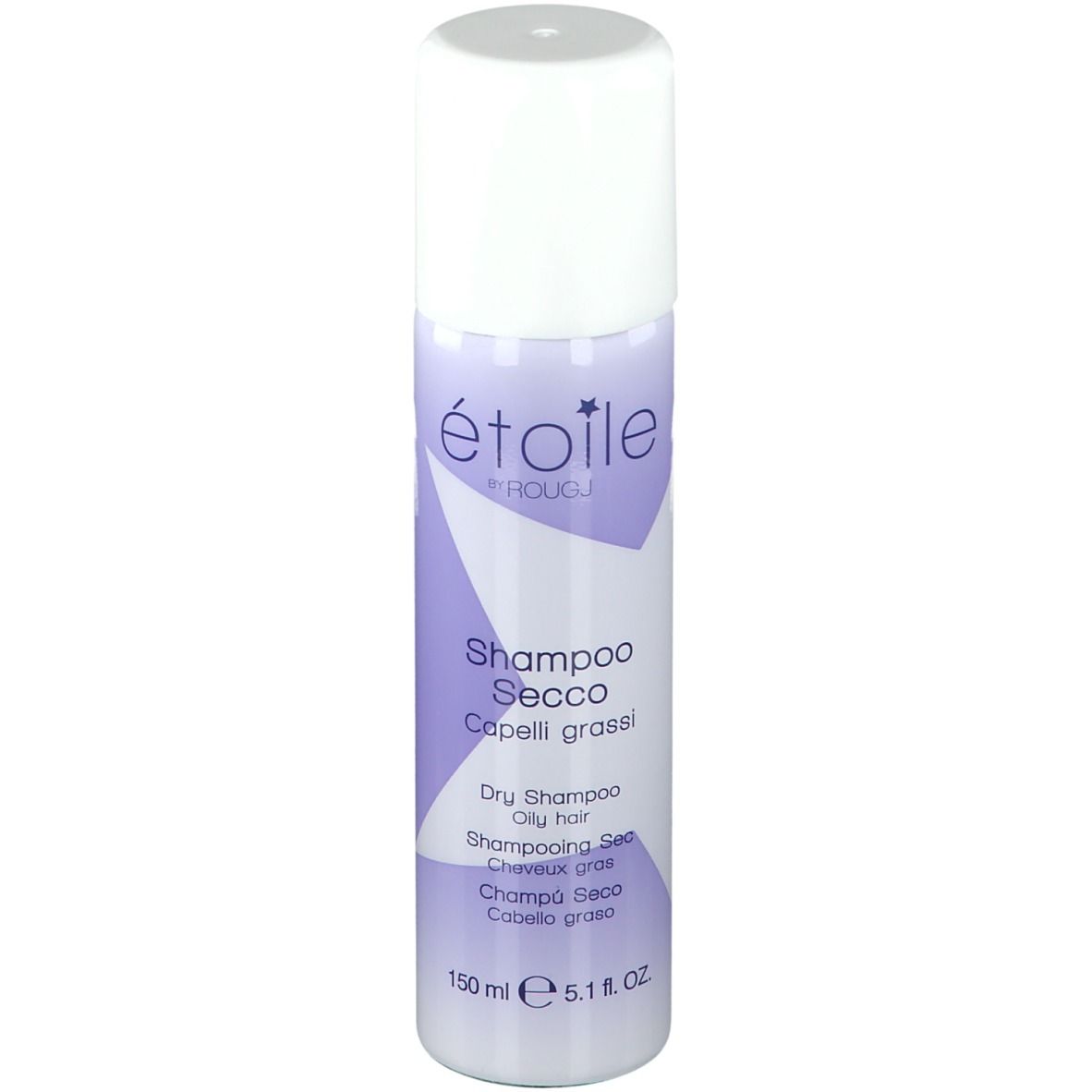 Spray shampoo secco, tappo bianco, dettagli viola. Testo: Étoile by Rougj, Shampoo Secco, 150 ml.