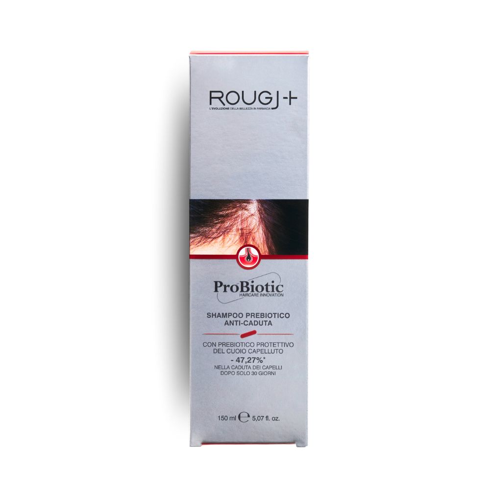 Scatola grigia con immagine del prodotto. Scritta: ROUGJ+, ProBiotic, Shampoo Anti-caduta. 150 ml.