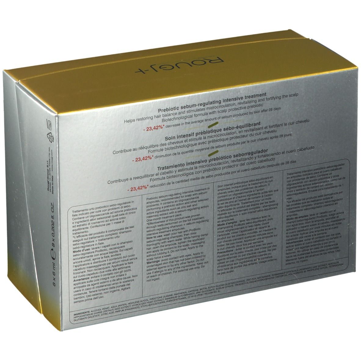 Retro della scatola ROUGJ+ ProBiotic per la cura dei capelli. Testo multilingue. Oro e argento.